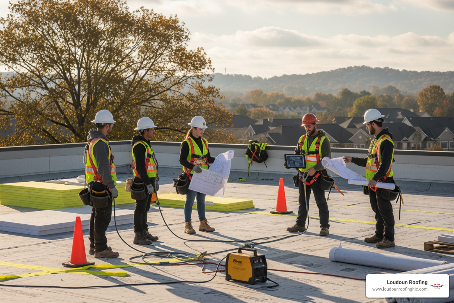 A commercial roofing team holding a safety meeting on a large, low-slope multi-family complex roof in Northern Virginia - multi-family complex roofing