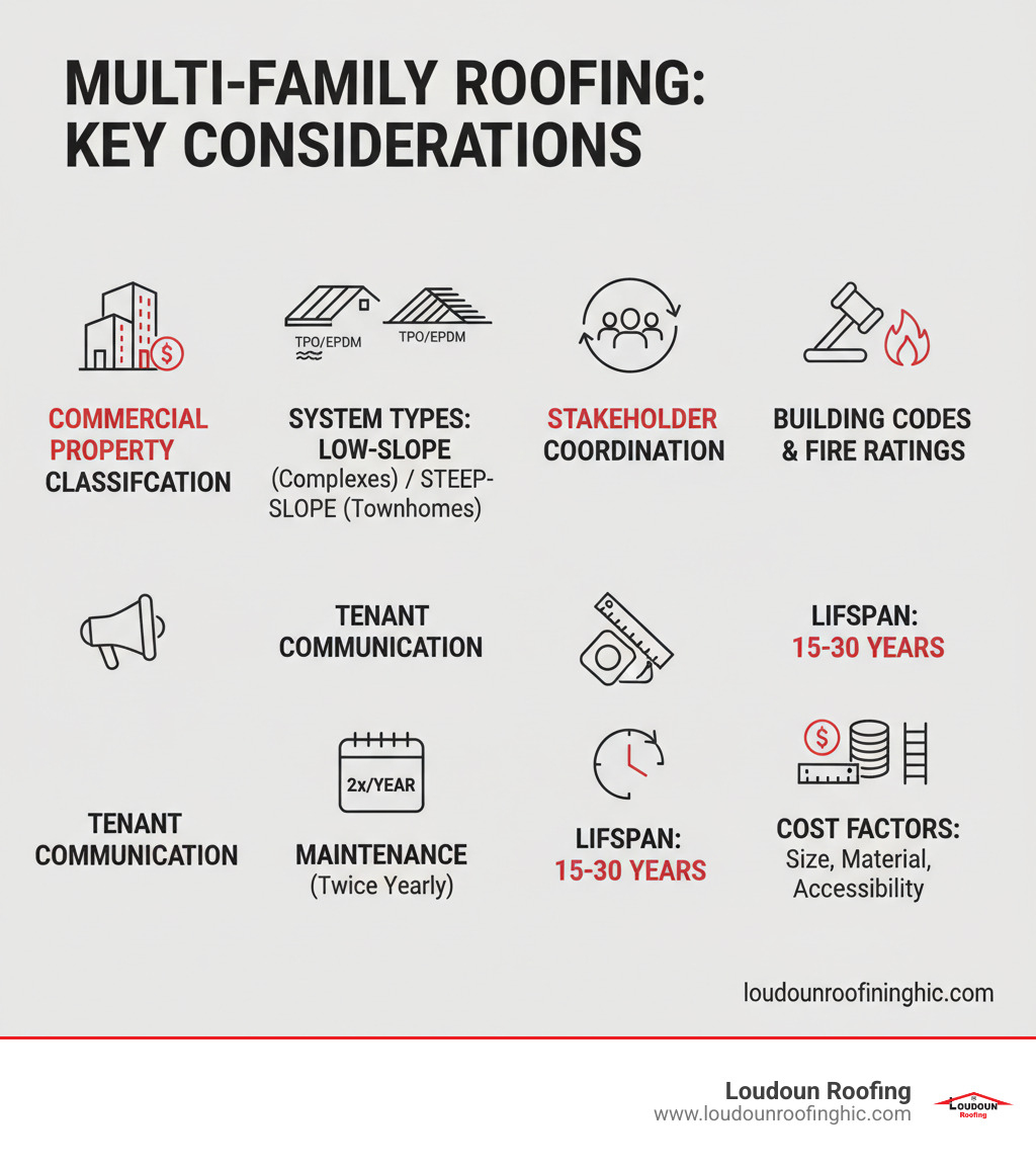 Infographic showing multi-family roofing key considerations: building classification as commercial property, typical roofing systems by structure type (low-slope TPO/EPDM for large complexes versus steep-slope shingles/metal for townhomes), stakeholder coordination requirements, compliance with commercial building codes and fire ratings, tenant communication protocols, maintenance schedules (twice yearly inspections minimum), average roof lifespan of 15-30 years, and cost factors including size, material type, and accessibility - multi-family complex roofing infographic 