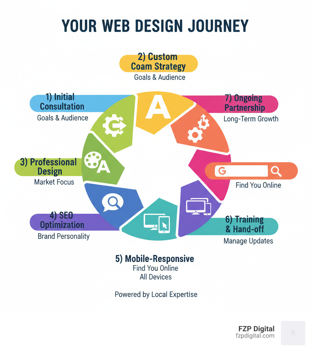 Infographic showing the complete journey of working with a local web design company: 1) Initial consultation to understand your business goals and audience, 2) Custom strategy development for your specific market, 3) Professional design that captures your brand personality, 4) SEO optimization to help customers find you on Google, 5) Mobile-responsive development that works on all devices, 6) Training so you can manage your own updates, 7) Ongoing support and partnership for long-term growth - local web design company infographic Infographic showing the complete journey of working with a local web design company: 1) Initial consultation to understand your business goals and audience, 2) Custom strategy development for your specific market, 3) Professional design that captures your brand personality, 4) SEO optimization to help customers find you on Google, 5) Mobile-responsive development that works on all devices, 6) Training so you can manage your own updates, 7) Ongoing support and partnership for long-term growth - local web design company infographic