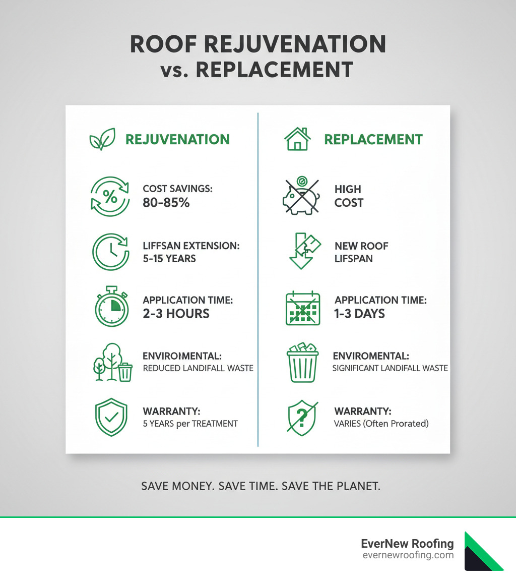 Infographic comparing roof rejuvenation versus full replacement, showing cost savings of 80-85%, lifespan extension of 5-15 years, application time of 2-3 hours versus 1-3 days for replacement, environmental impact with reduced landfill waste, and warranty coverage of 5 years per treatment - roof rejuvenation services infographic 