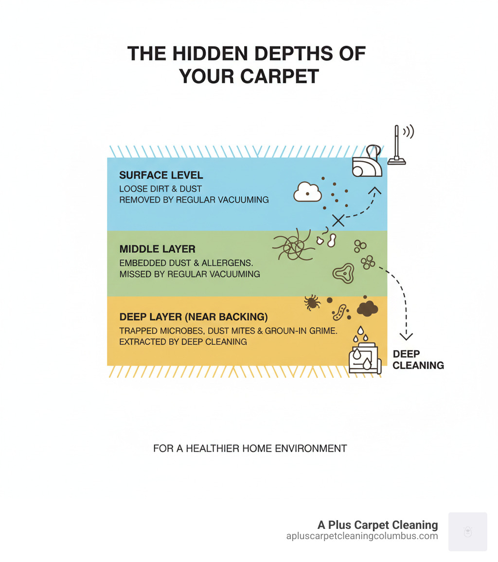 Infographic showing cross-section of carpet with three layers: surface level with loose dirt that vacuuming removes, middle layer with embedded dust and allergens that regular vacuuming cannot reach, and deep layer near backing with trapped microbes, dust mites, and ground-in grime that only deep cleaning can extract - deep cleaning carpet infographic 