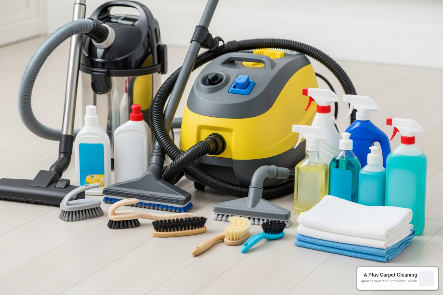 DIY carpet cleaning supplies neatly arranged on a floor - deep cleaning carpet