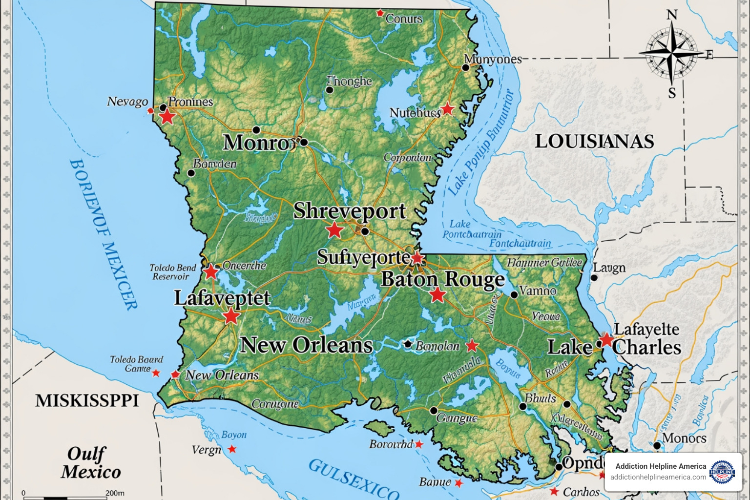 Map of Louisiana highlighting major cities with rehab access - rehab facilities in louisiana