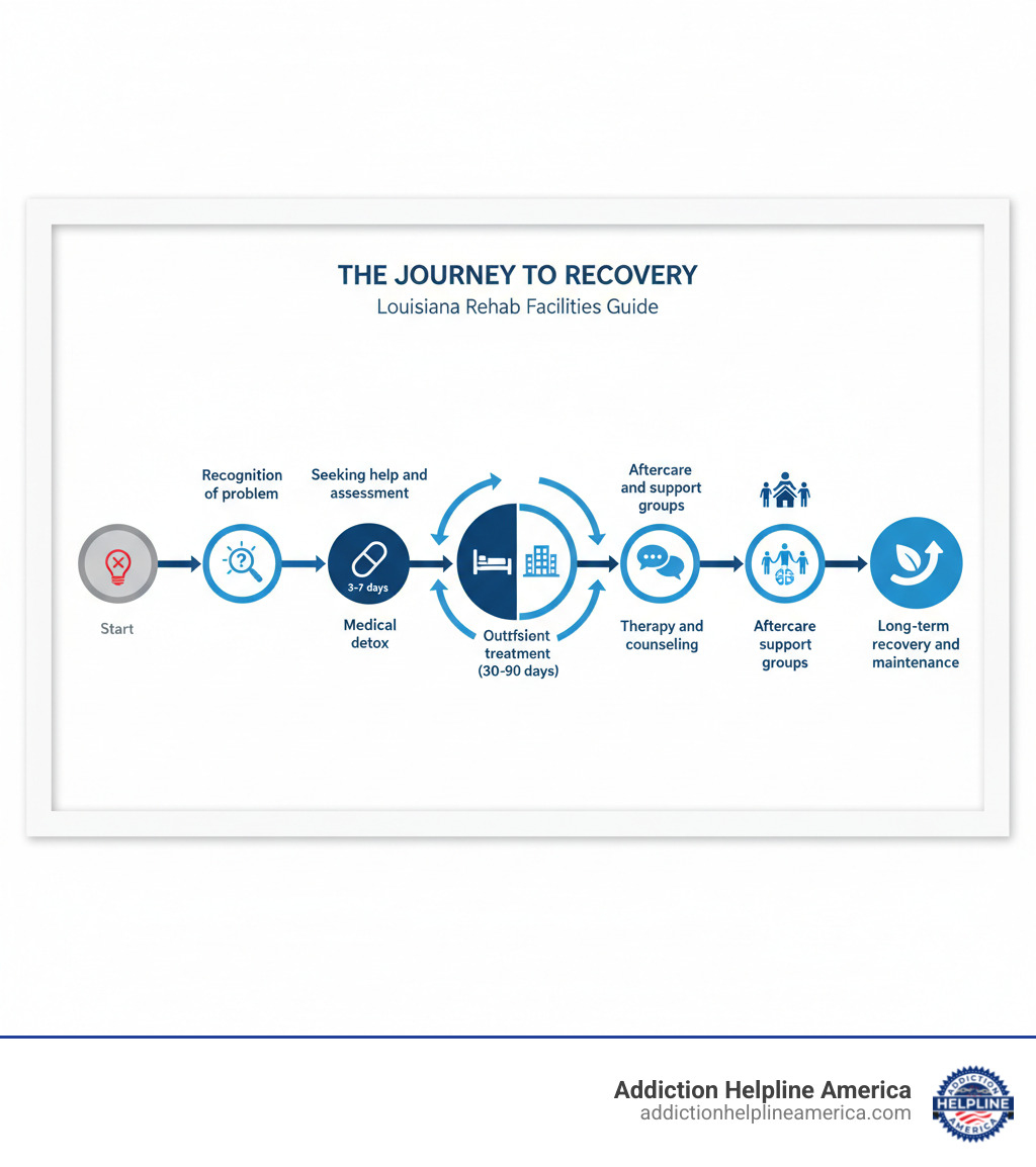 Infographic showing the journey from addiction to recovery: 1. Recognition of problem, 2. Seeking help and assessment, 3. Medical detox (3-7 days), 4. Inpatient or outpatient treatment (30-90 days), 5. Therapy and counseling, 6. Aftercare and support groups, 7. Long-term recovery and maintenance - rehab facilities in louisiana infographic 