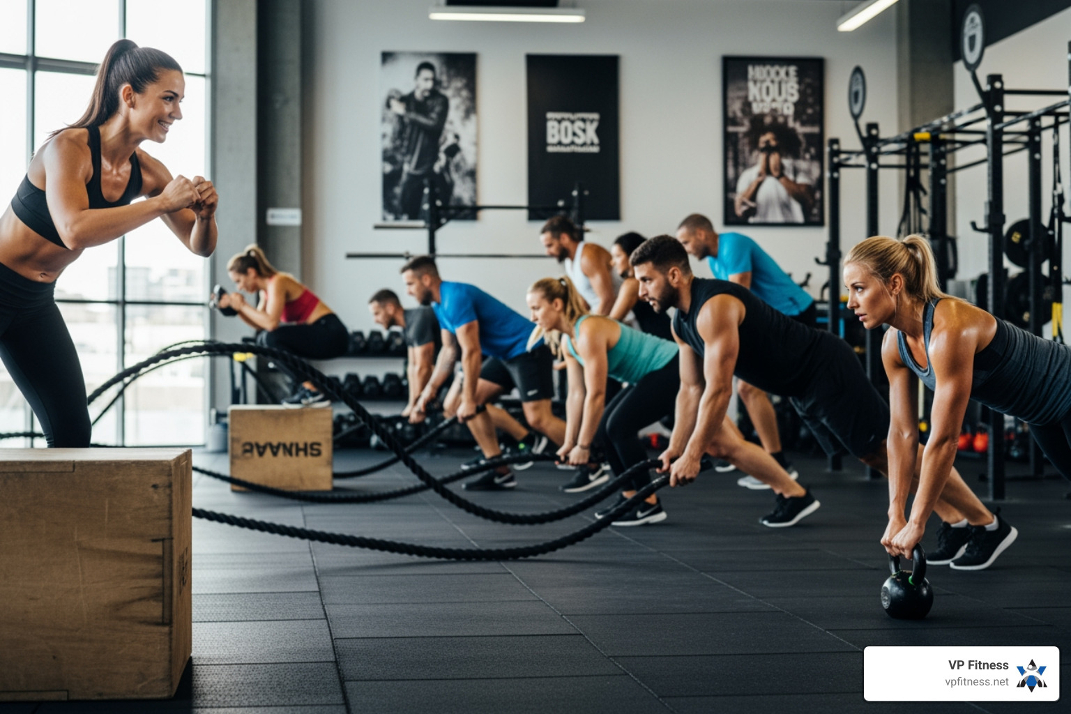 A dynamic image of a diverse group of individuals enthusiastically participating in a high-intensity interval training (HIIT) class, with an energetic instructor leading the session - gym memberships rhode island