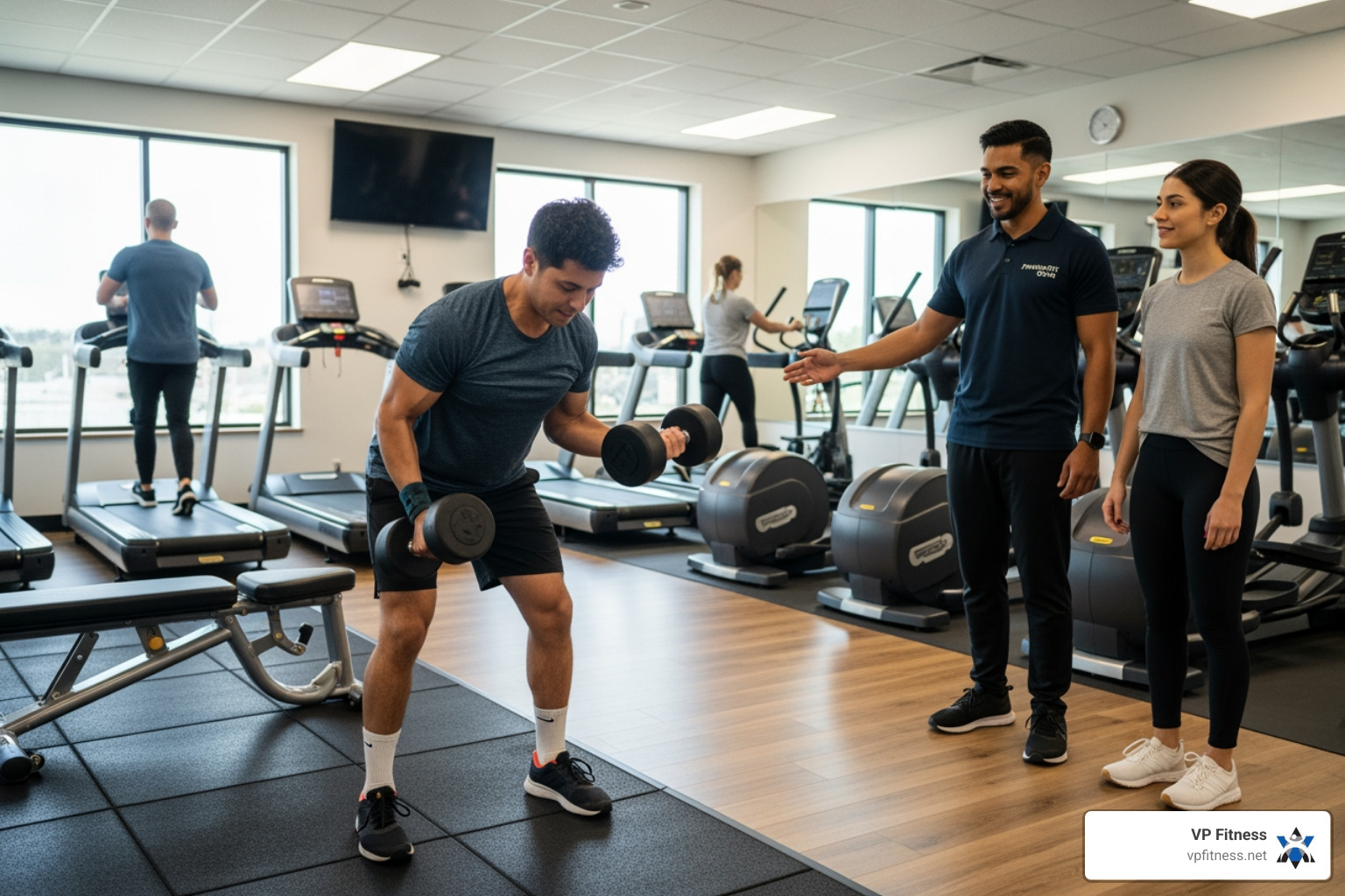 A person actively using a free trial pass, engaging in a workout at a clean, modern gym facility, with a staff member in the background offering assistance - gym memberships rhode island