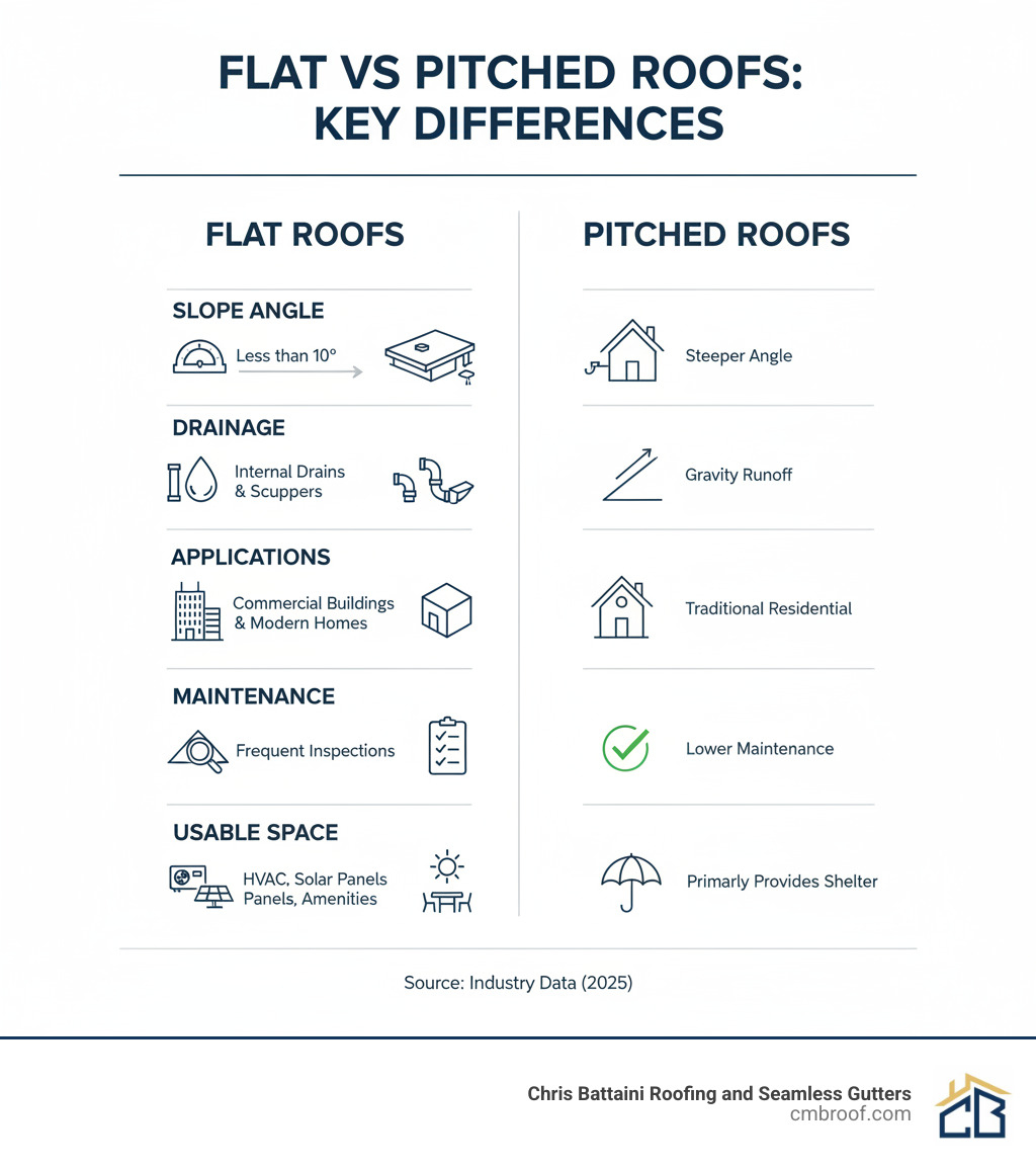 Infographic showing the key differences between flat and pitched roofs, including slope angle (flat roofs less than 10 degrees vs pitched roofs steeper angle), drainage method (flat roofs use internal drains and scuppers vs pitched roofs use gravity runoff), typical applications (flat roofs for commercial buildings and modern homes vs pitched roofs for traditional residential), maintenance requirements (flat roofs require more frequent inspections vs pitched roofs are lower maintenance), and usable space (flat roofs can support HVAC units, solar panels, and rooftop amenities vs pitched roofs primarily provide shelter) - Flat Roofing Contractor infographic 