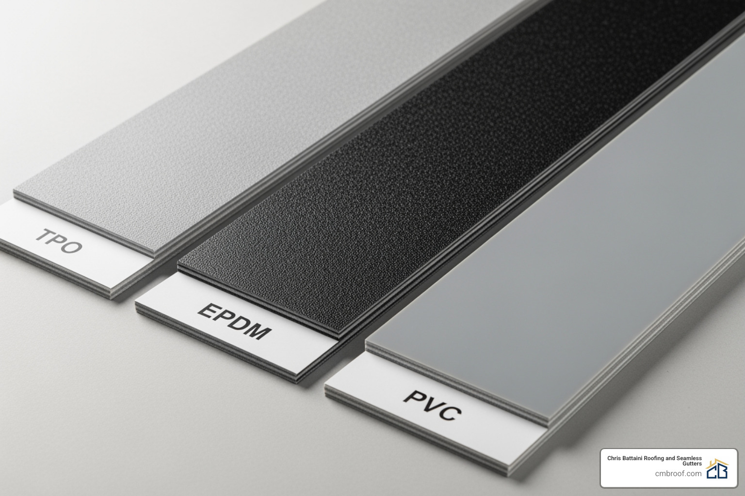 different flat roofing material samples like TPO, EPDM, and PVC - Flat Roofing Contractor