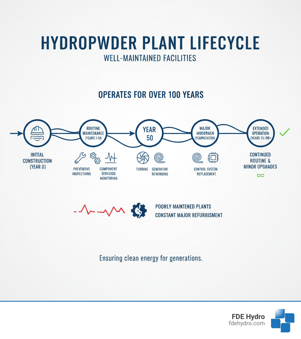 Infographic showing the lifecycle stages of a hydropower plant: Initial Construction (Year 0), Routine Maintenance (Years 1-50, including preventive inspections, component servicing, and condition monitoring), Major Modernization (Year 50, including turbine upgrades, generator rewinding, and control system replacement), Extended Operation (Years 51-100+, with continued routine maintenance and minor upgrades), highlighting that well-maintained facilities can operate for over 100 years while poorly maintained plants require constant major refurbishment - hydro power plant maintenance infographic Infographic showing the lifecycle stages of a hydropower plant: Initial Construction (Year 0), Routine Maintenance (Years 1-50, including preventive inspections, component servicing, and condition monitoring), Major Modernization (Year 50, including turbine upgrades, generator rewinding, and control system replacement), Extended Operation (Years 51-100+, with continued routine maintenance and minor upgrades), highlighting that well-maintained facilities can operate for over 100 years while poorly maintained plants require constant major refurbishment - hydro power plant maintenance infographic