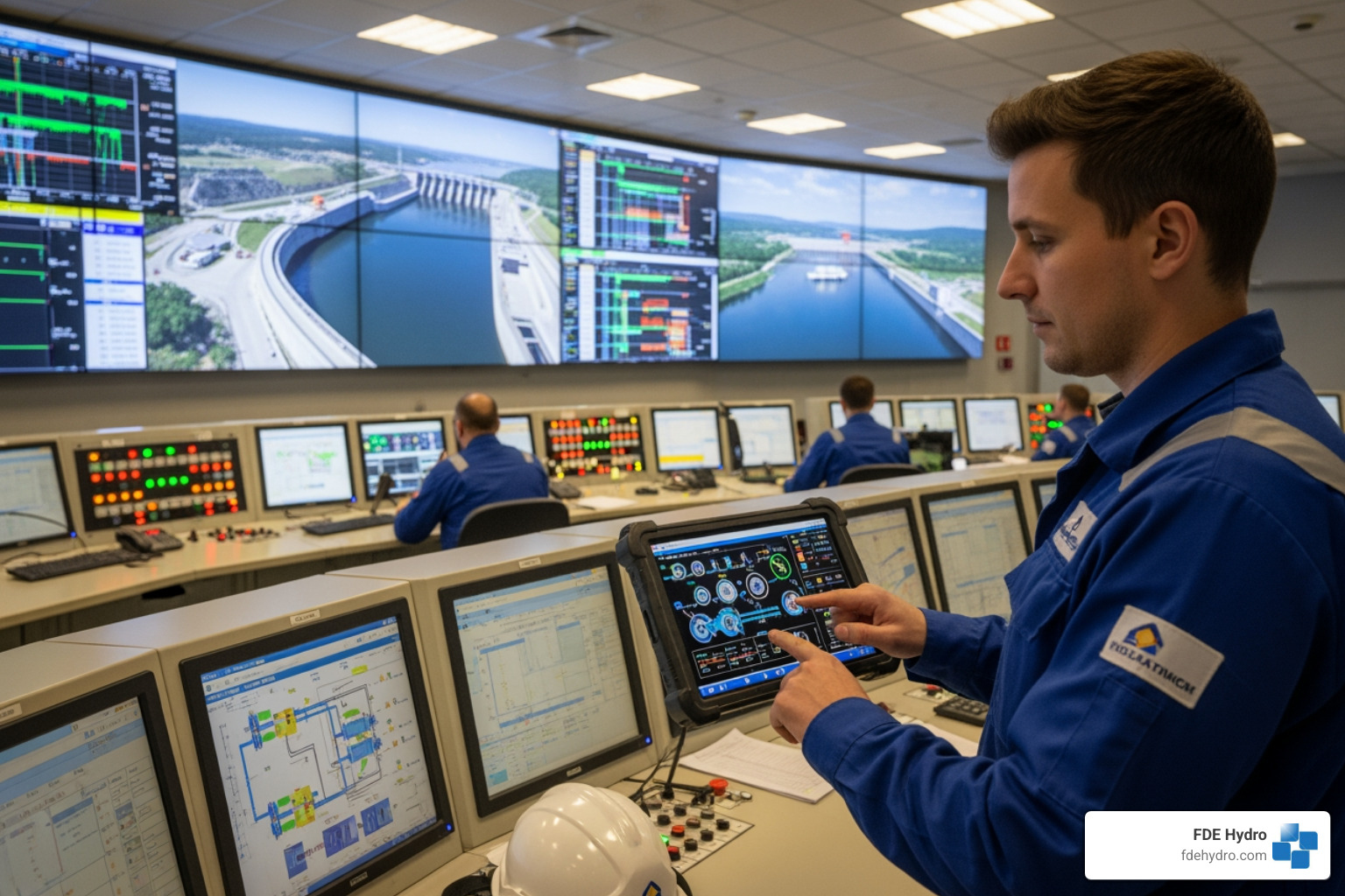 technician using a diagnostic tablet in a control room - hydro power plant maintenance technician using a diagnostic tablet in a control room - hydro power plant maintenance