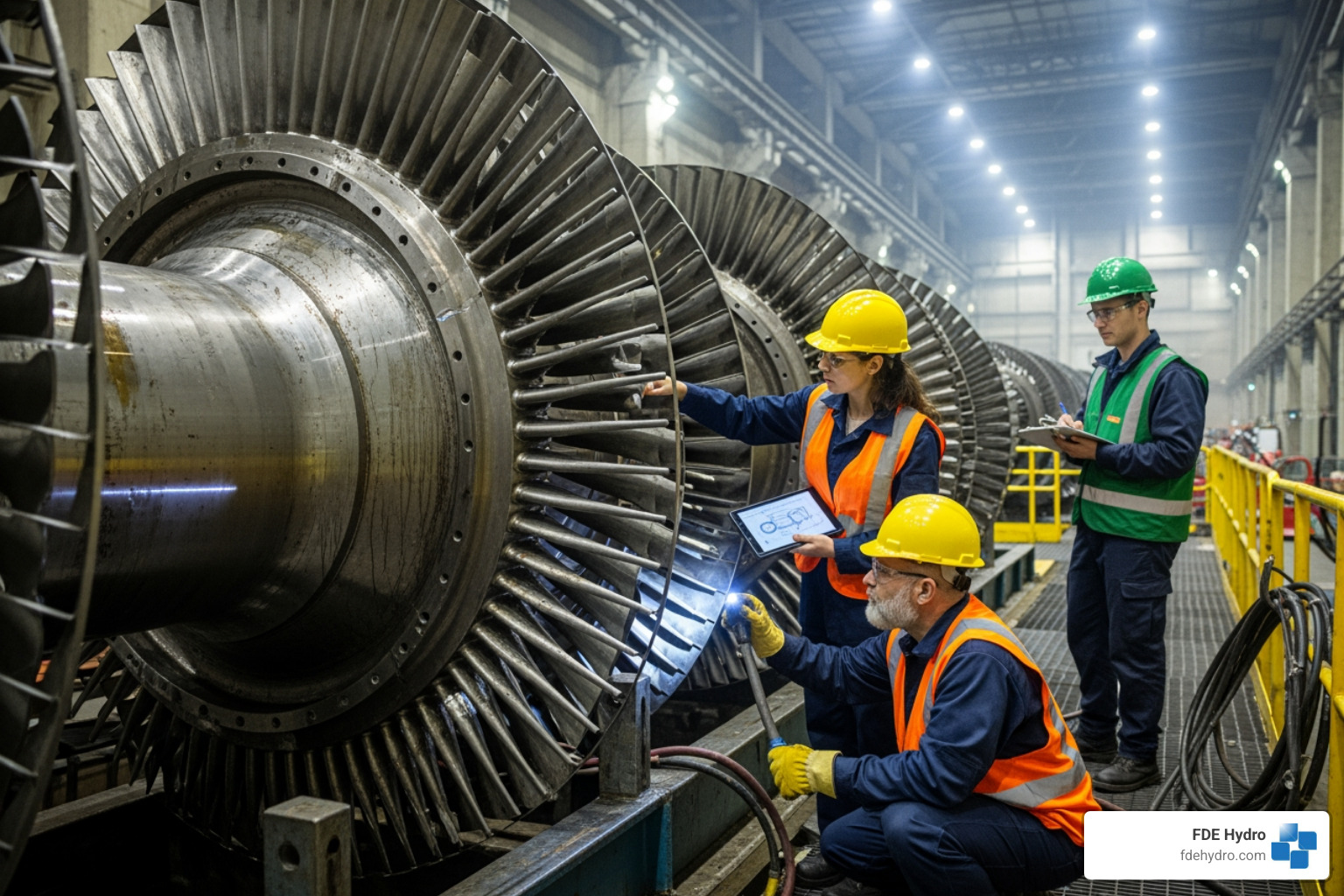 engineers inspecting a large turbine runner - hydro power plant maintenance engineers inspecting a large turbine runner - hydro power plant maintenance