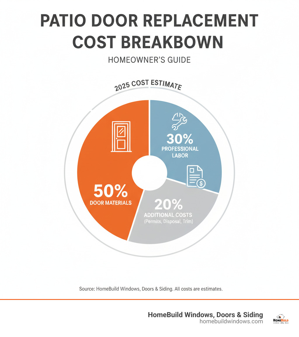 infographic showing patio door replacement cost breakdown with 50% for door materials, 30% for professional labor, and 20% for additional costs like permits and disposal - Patio door replacement cost infographic 