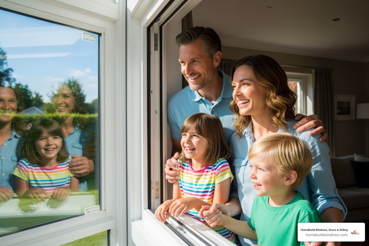 happy family looking out their new, secure impact window - impact windows financing