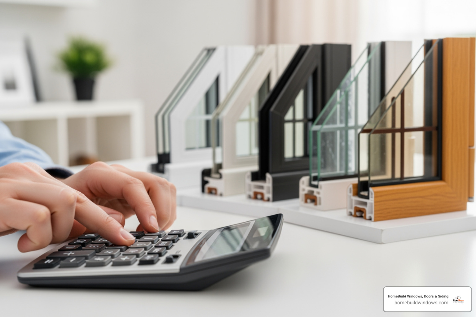 a person using a calculator with window samples in the background - new windows Buffalo Grove