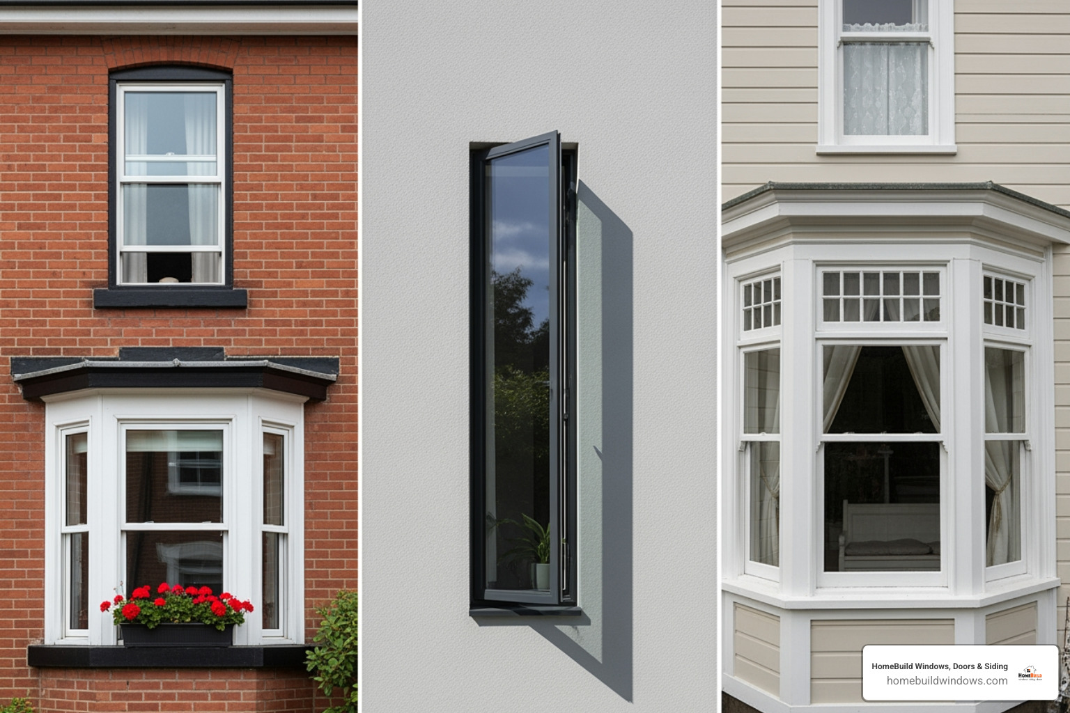 a collage showing different window styles like double-hung, casement, and bay windows - new windows Buffalo Grove