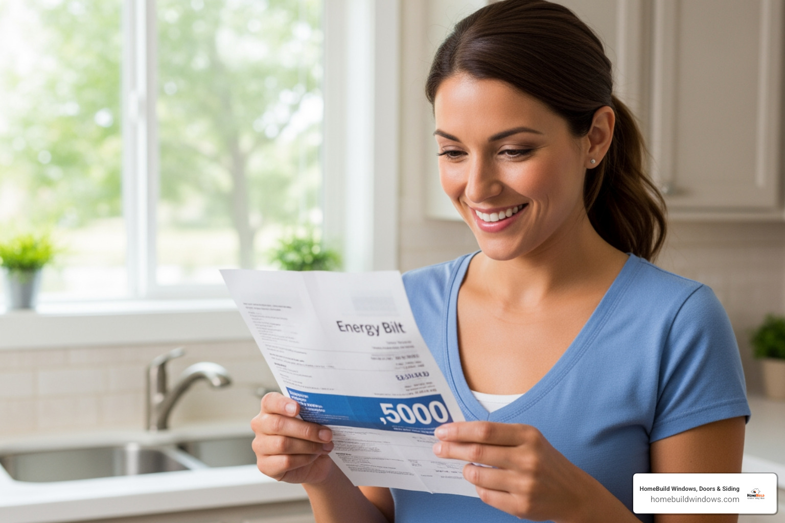a homeowner smiling while looking at their lower energy bill - new windows Buffalo Grove