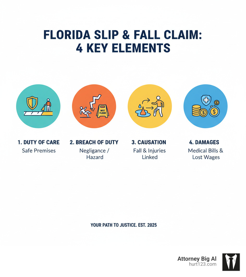 Infographic showing the four elements needed to prove a slip and fall claim in Florida: 1) Property owner owed you a duty of care to maintain safe premises, 2) Property owner breached that duty through negligence or failure to fix hazards, 3) The breach directly caused your fall and injuries, 4) You suffered measurable damages like medical expenses and lost wages - slip and fall injury attorneys infographic 