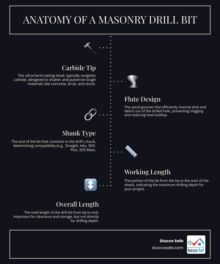 infographic showing masonry drill bit anatomy with labeled parts including carbide tip, flute design for dust removal, shank type, and working length versus overall length - bit masonry infographic infographic-line-5-steps-dark infographic showing masonry drill bit anatomy with labeled parts including carbide tip, flute design for dust removal, shank type, and working length versus overall length - bit masonry infographic infographic-line-5-steps-dark