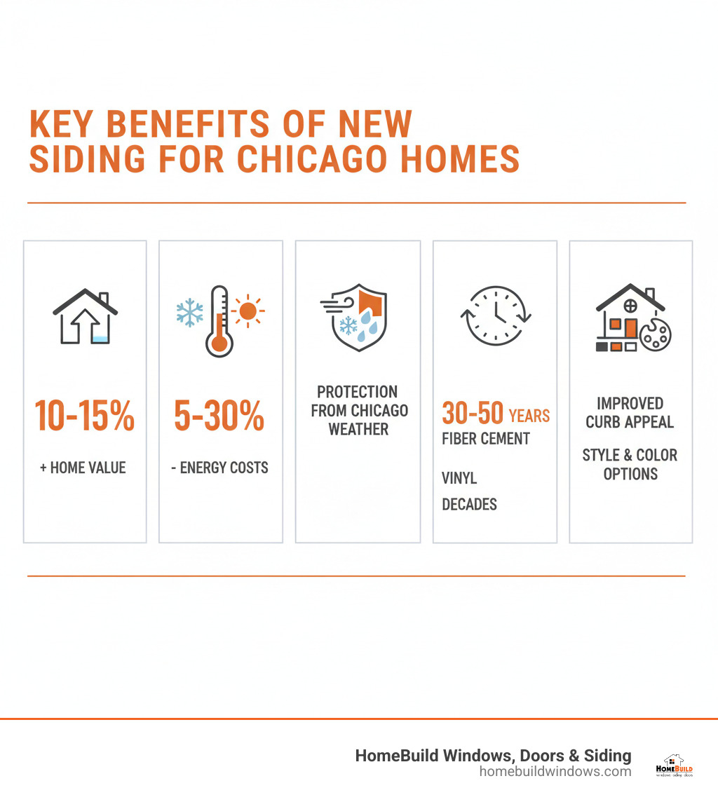Infographic showing the key benefits of new siding for Chicago homes: increased home value by 10-15%, energy efficiency improvements reducing costs by 5-30%, protection against harsh Chicago weather including freeze-thaw cycles and wind, typical lifespan of 30-50 years for fiber cement and decades for vinyl, and improved curb appeal with various style and color options - home siding services chicago infographic 