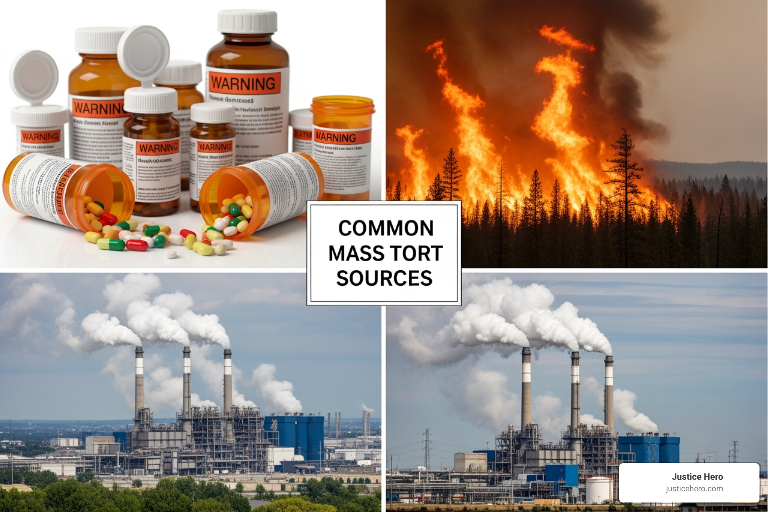 Collage of common mass tort sources including prescription bottles, a wildfire, and an industrial plant, representing different types of mass tort cases - mass tort representation California