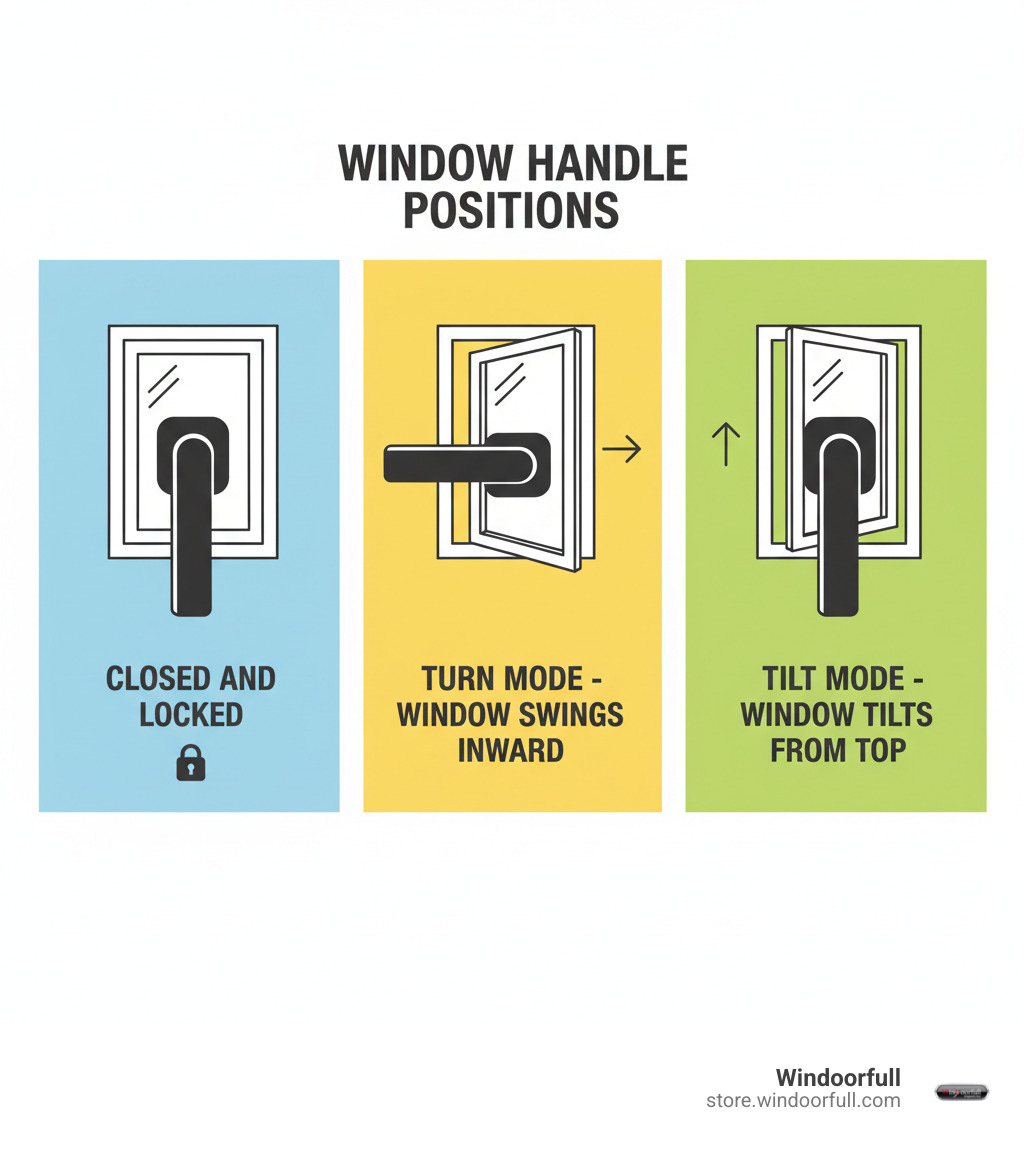 Infographic showing three tilt and turn window handle positions: Down position (vertical) labeled 'Closed and Locked', Horizontal position labeled 'Turn Mode - Window Swings Inward', and Up position (vertical pointing up) labeled 'Tilt Mode - Window Tilts from Top' - tilt and turn window won t close infographic Infographic showing three tilt and turn window handle positions: Down position (vertical) labeled 'Closed and Locked', Horizontal position labeled 'Turn Mode - Window Swings Inward', and Up position (vertical pointing up) labeled 'Tilt Mode - Window Tilts from Top' - tilt and turn window won t close infographic