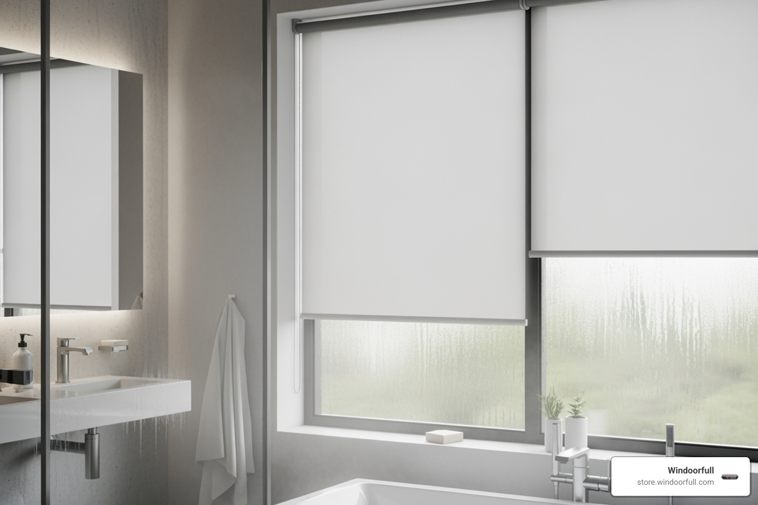 image of sleek, waterproof roller shades in a steamy bathroom setting - bathroom window privacy screen image of sleek, waterproof roller shades in a steamy bathroom setting - bathroom window privacy screen