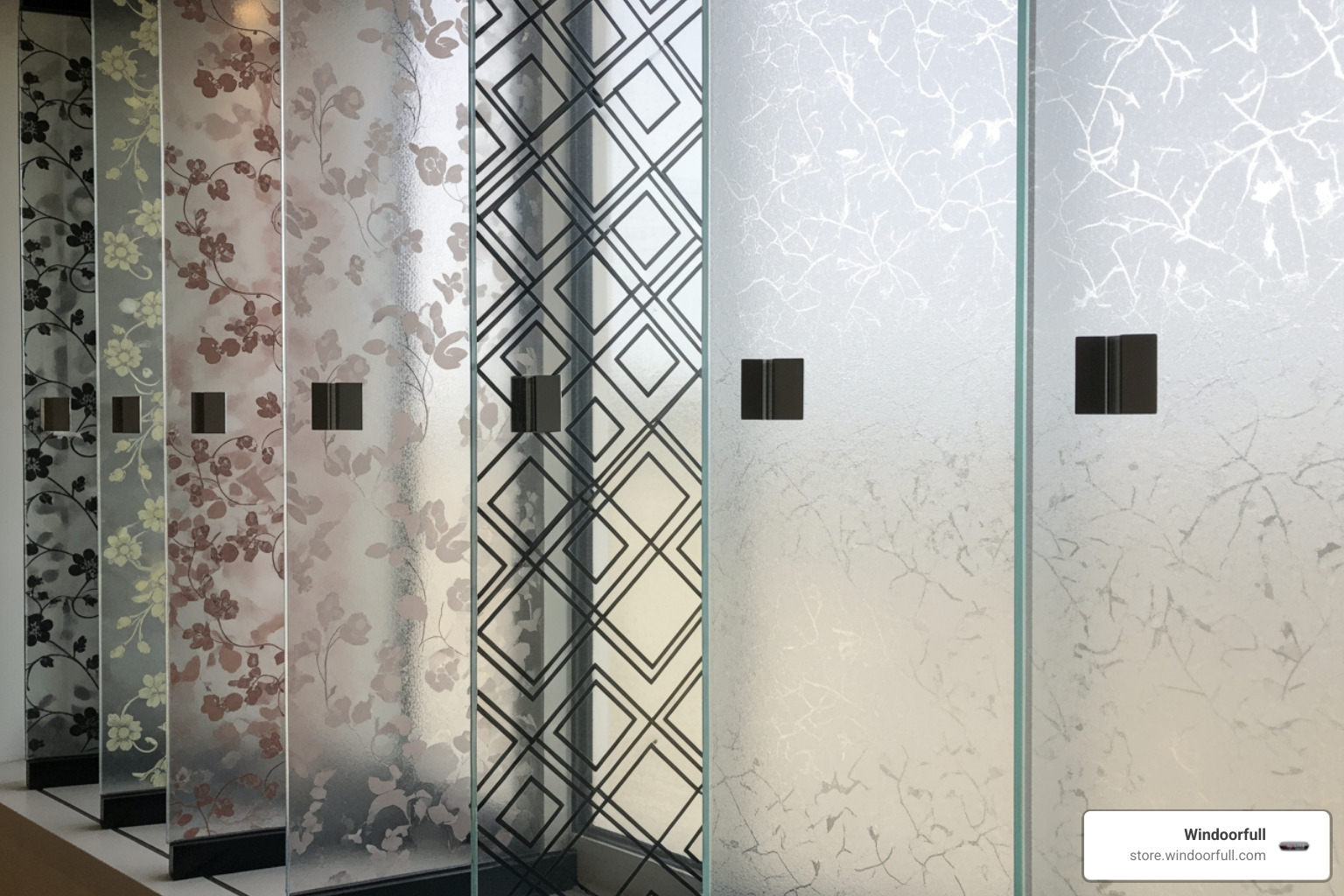 image of different window film patterns like geometric, floral, and frosted rice paper - bathroom window privacy screen image of different window film patterns like geometric, floral, and frosted rice paper - bathroom window privacy screen