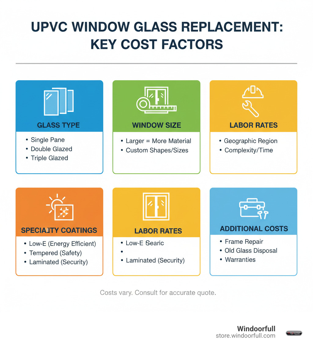 Infographic showing key cost factors for uPVC window glass replacement: glass type (single/double/triple pane), window size, labor rates by region, specialty coatings (Low-E, tempered, laminated), and additional costs (frame repair, disposal, warranties) - replacement glass for upvc windows cost infographic Infographic showing key cost factors for uPVC window glass replacement: glass type (single/double/triple pane), window size, labor rates by region, specialty coatings (Low-E, tempered, laminated), and additional costs (frame repair, disposal, warranties) - replacement glass for upvc windows cost infographic
