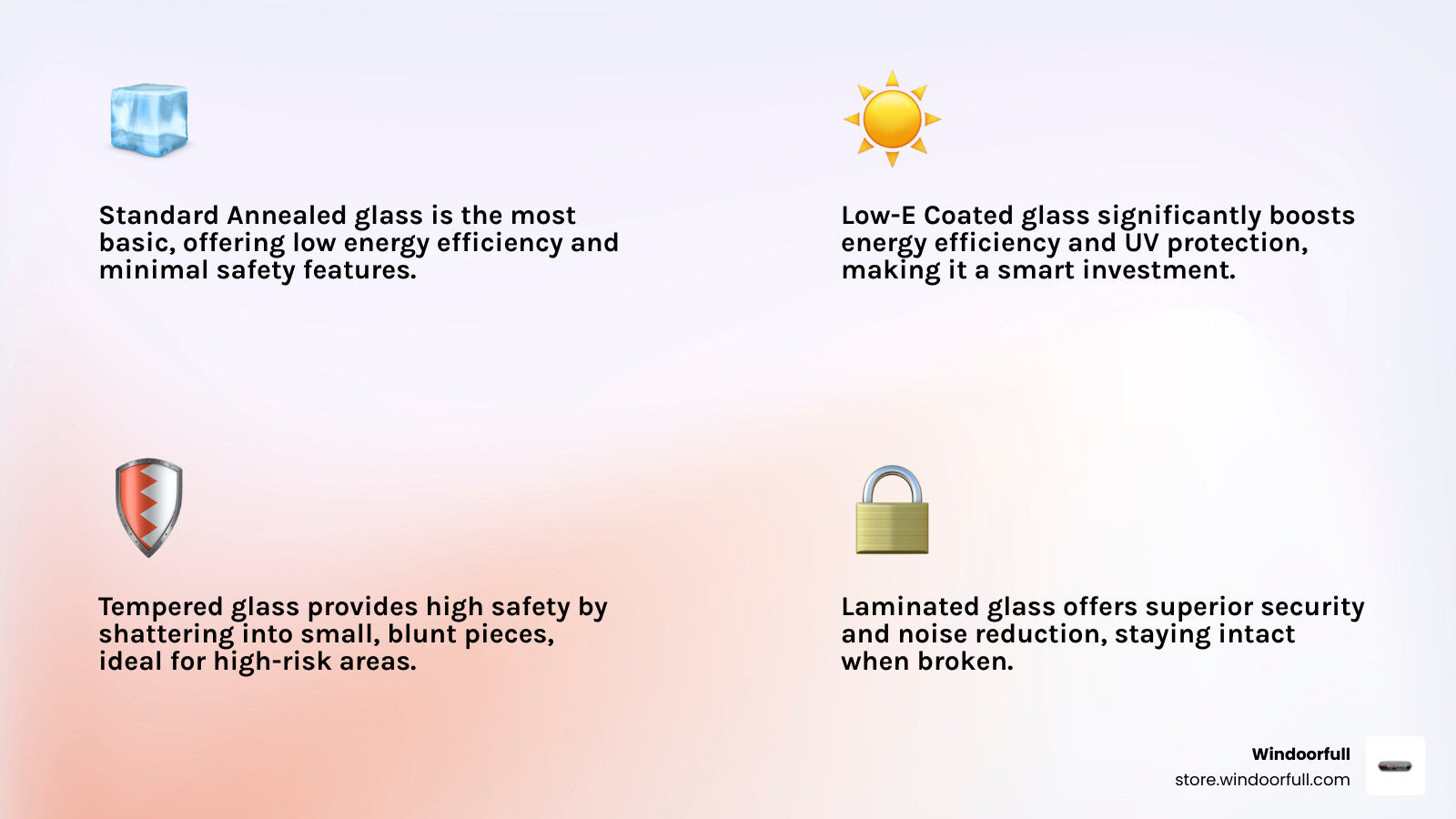 Infographic detailing the U-Factor and SHGC ratings for various types of window glass, illustrating how different glass types impact thermal performance and solar heat gain - replacement glass for upvc windows cost infographic 4_facts_emoji_light-gradient Infographic detailing the U-Factor and SHGC ratings for various types of window glass, illustrating how different glass types impact thermal performance and solar heat gain - replacement glass for upvc windows cost infographic 4_facts_emoji_light-gradient