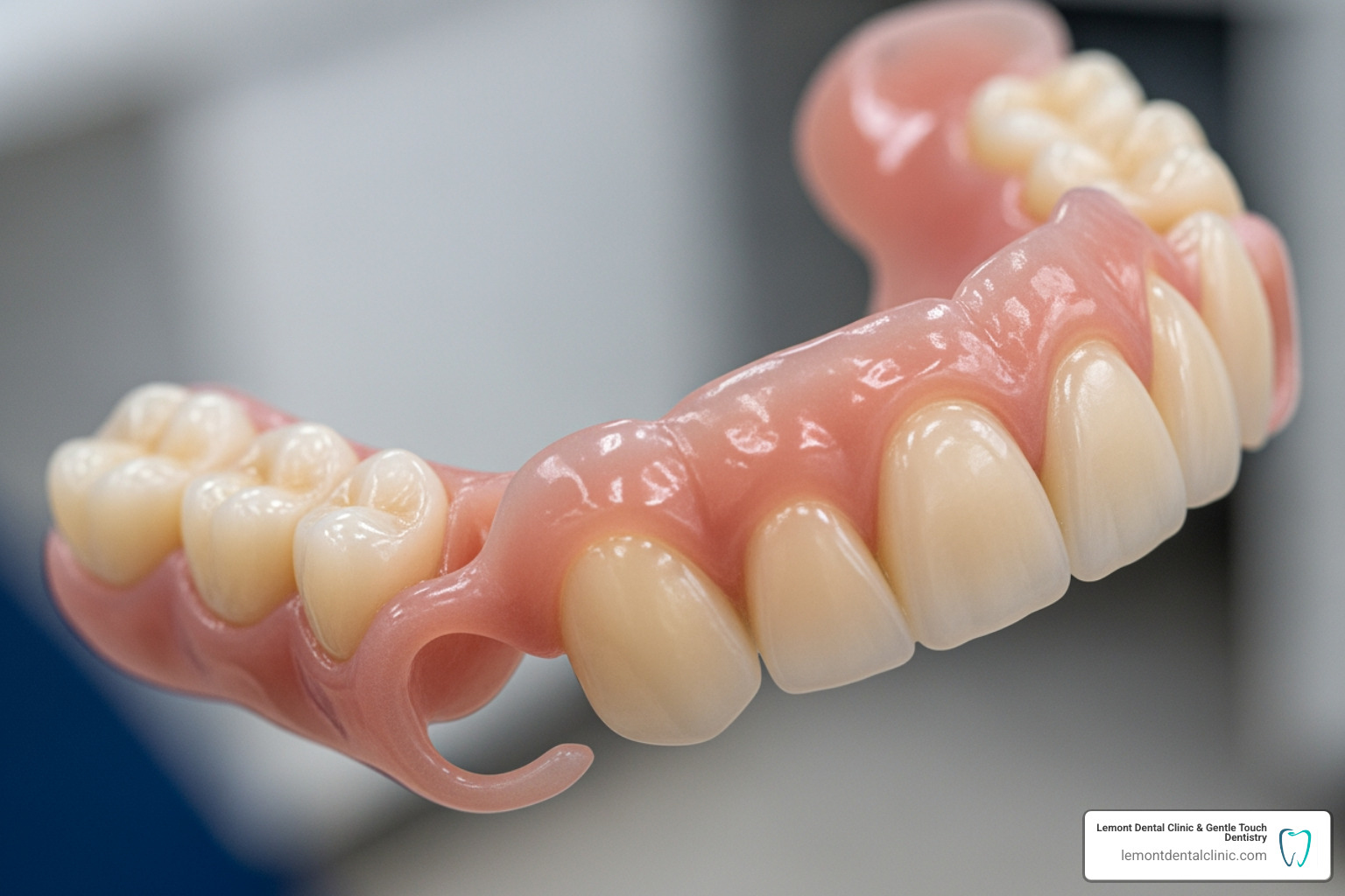 A flexible partial denture, showing its translucent, gum-colored material and integrated clasps - denture types of material A flexible partial denture, showing its translucent, gum-colored material and integrated clasps - denture types of material