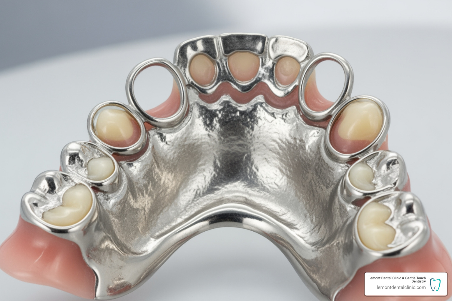 A partial metal denture with visible clasps designed to fit around natural teeth - denture types of material A partial metal denture with visible clasps designed to fit around natural teeth - denture types of material