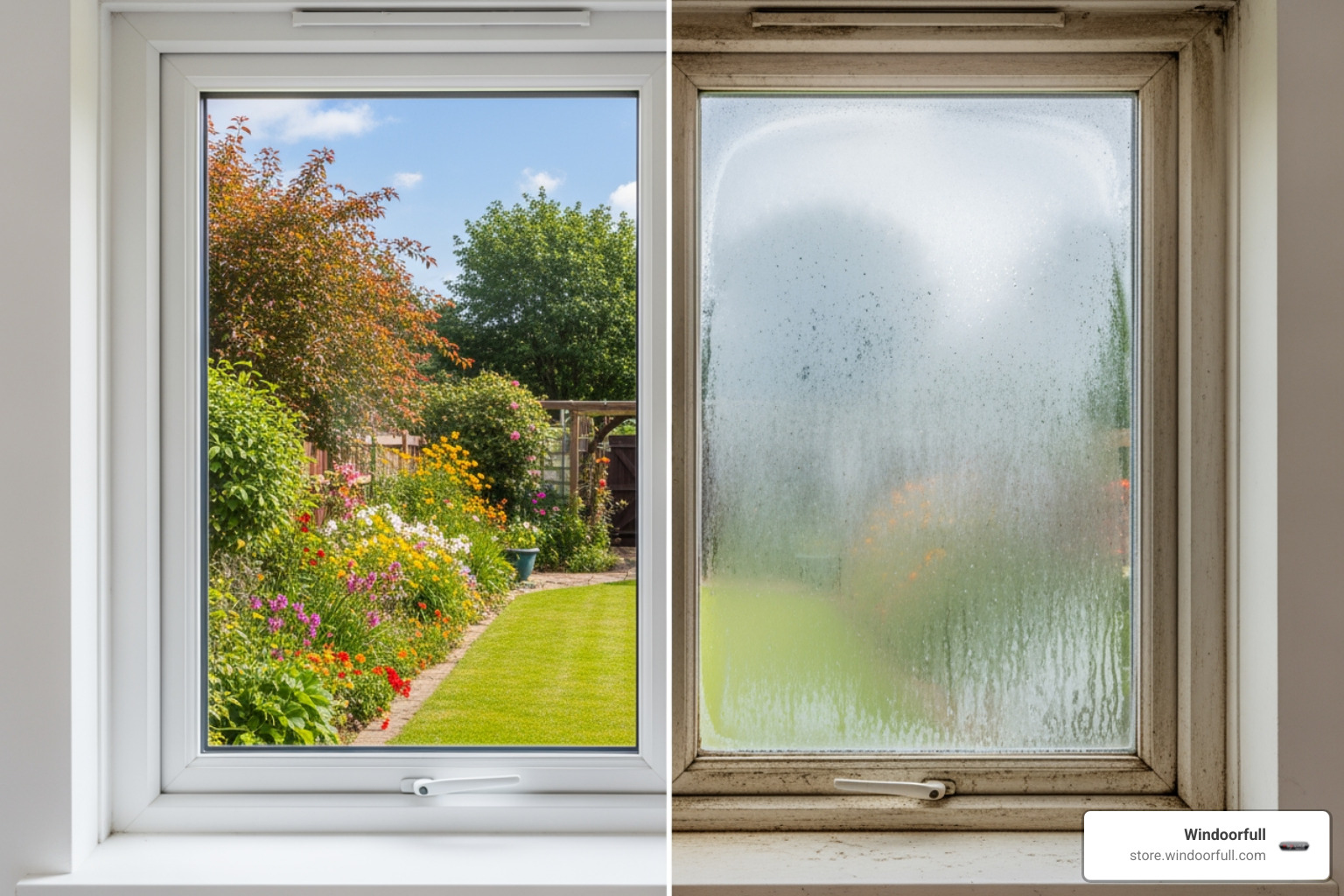 A clear, newly installed uPVC window on one side, contrasting with a foggy, old double-glazed unit on the other, highlighting the difference in clarity and performance - replacement glass for upvc windows cost A clear, newly installed uPVC window on one side, contrasting with a foggy, old double-glazed unit on the other, highlighting the difference in clarity and performance - replacement glass for upvc windows cost