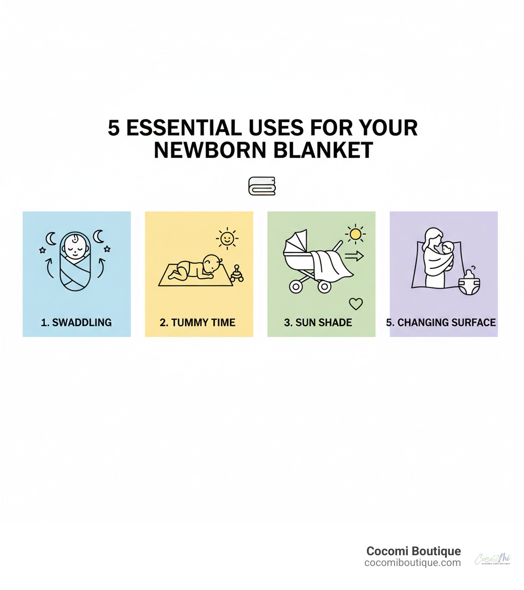 infographic showing five key uses of a newborn blanket: 1) swaddling a baby for sleep with arms tucked in, 2) placing blanket on floor for supervised tummy time, 3) draping over stroller as a breathable sun shade, 4) using as a discreet nursing cover, and 5) laying flat as a portable changing surface - newborn blanket infographic infographic showing five key uses of a newborn blanket: 1) swaddling a baby for sleep with arms tucked in, 2) placing blanket on floor for supervised tummy time, 3) draping over stroller as a breathable sun shade, 4) using as a discreet nursing cover, and 5) laying flat as a portable changing surface - newborn blanket infographic