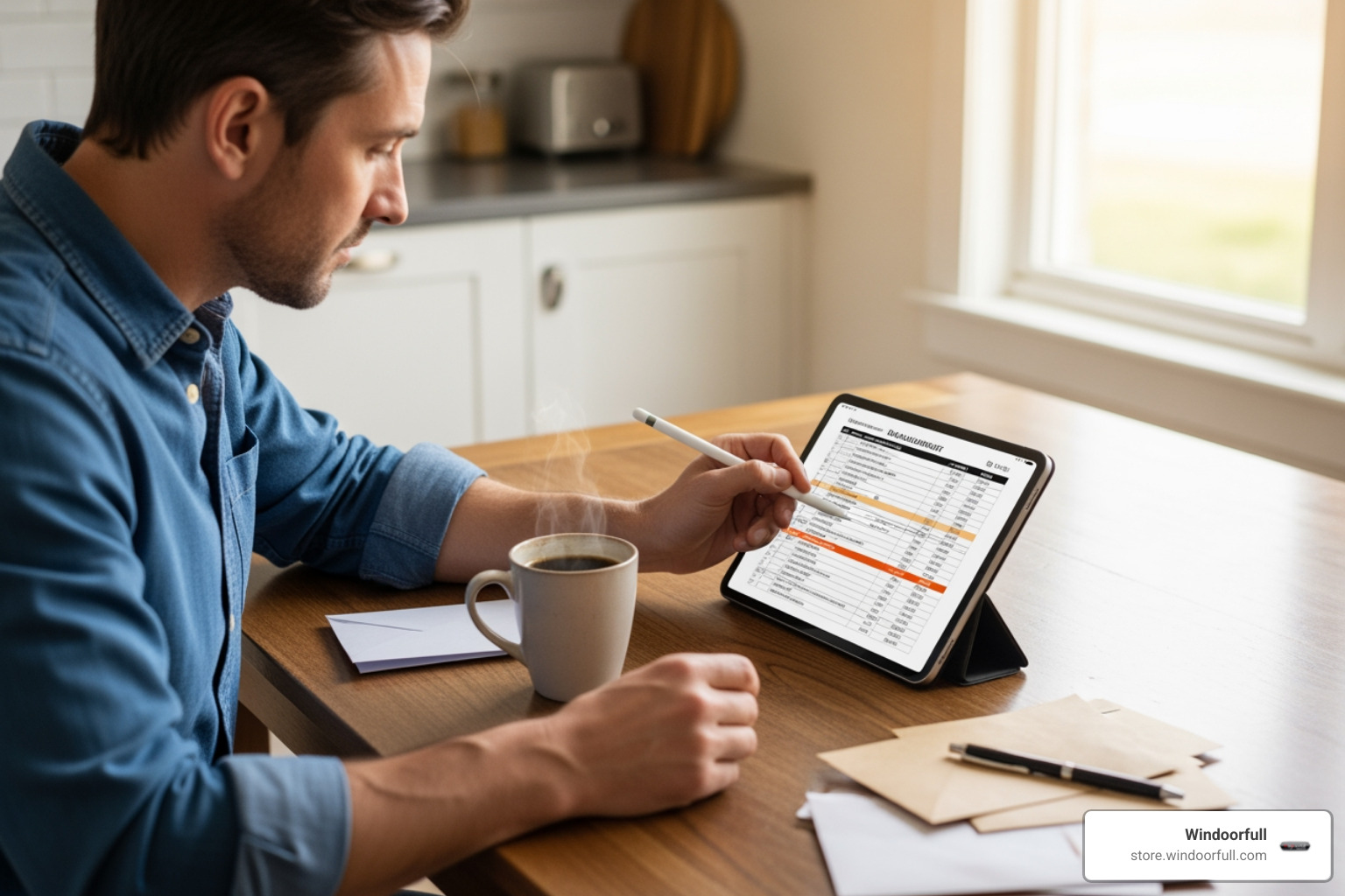 A homeowner sits at a table, meticulously reviewing several quotes for window replacement on a tablet, with a cup of coffee nearby - replacement glass for upvc windows cost A homeowner sits at a table, meticulously reviewing several quotes for window replacement on a tablet, with a cup of coffee nearby - replacement glass for upvc windows cost