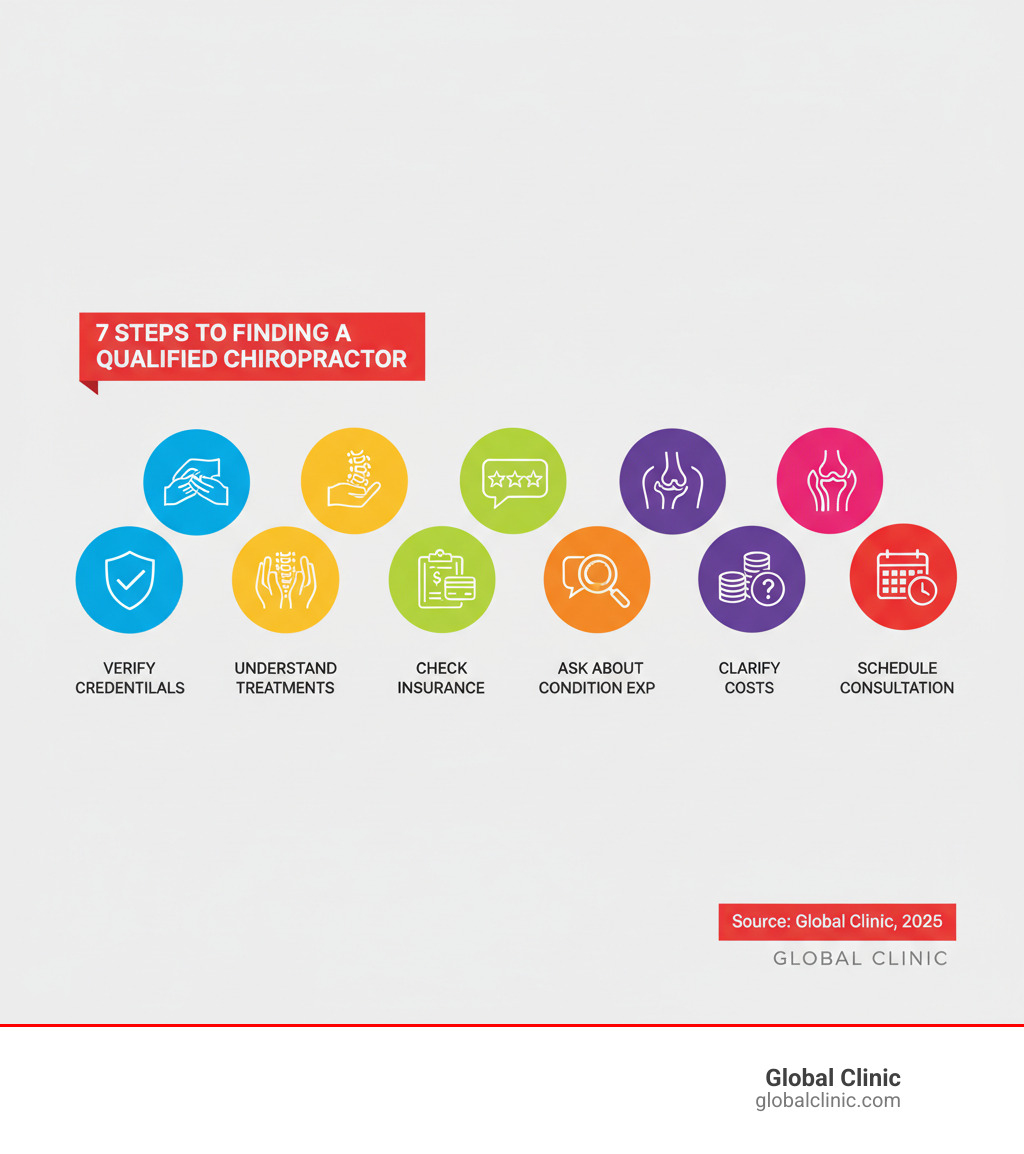 infographic showing the seven key steps to finding a qualified chiropractor: verify credentials, understand treatment methods, check insurance coverage, read patient reviews, ask about experience with your condition, clarify costs, and schedule a consultation - Chiropractor infographic 