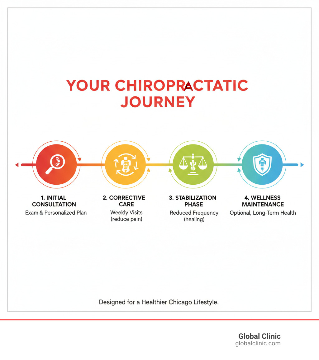 Infographic showing the chiropractic care journey: Initial consultation and exam leading to personalized treatment plan, followed by corrective care phase with multiple weekly visits, then stabilization phase with reduced frequency, and finally optional wellness maintenance care for long-term spinal health - chiropractor Chicago IL infographic 