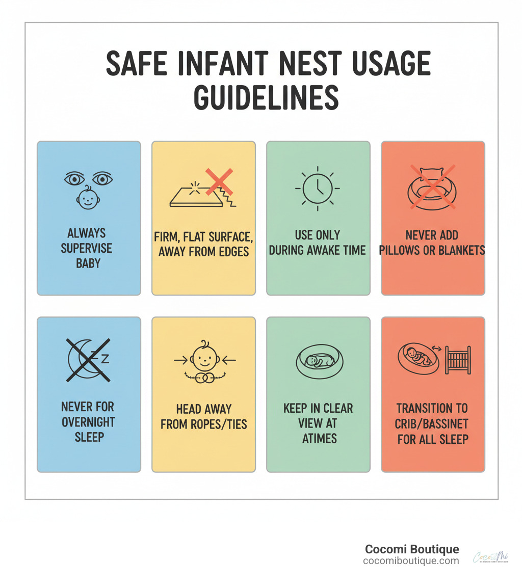 Infographic showing safe infant nest usage guidelines: Always supervise baby, place on firm flat surface away from edges, use only during awake time, never add pillows or blankets inside, never use for overnight sleep, ensure baby's head is positioned away from ropes or ties, keep in clear view at all times, transition to crib or bassinet for all sleep - infant nest infographic 