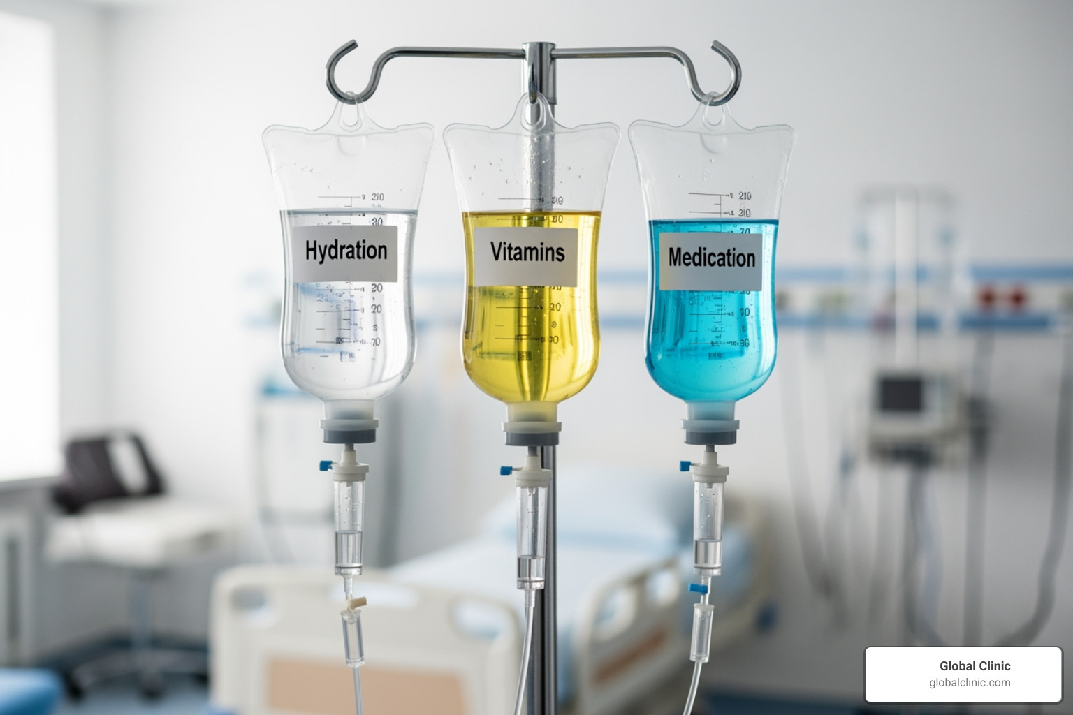 IV bags labeled for hydration, vitamins, and medication - IV Infusions