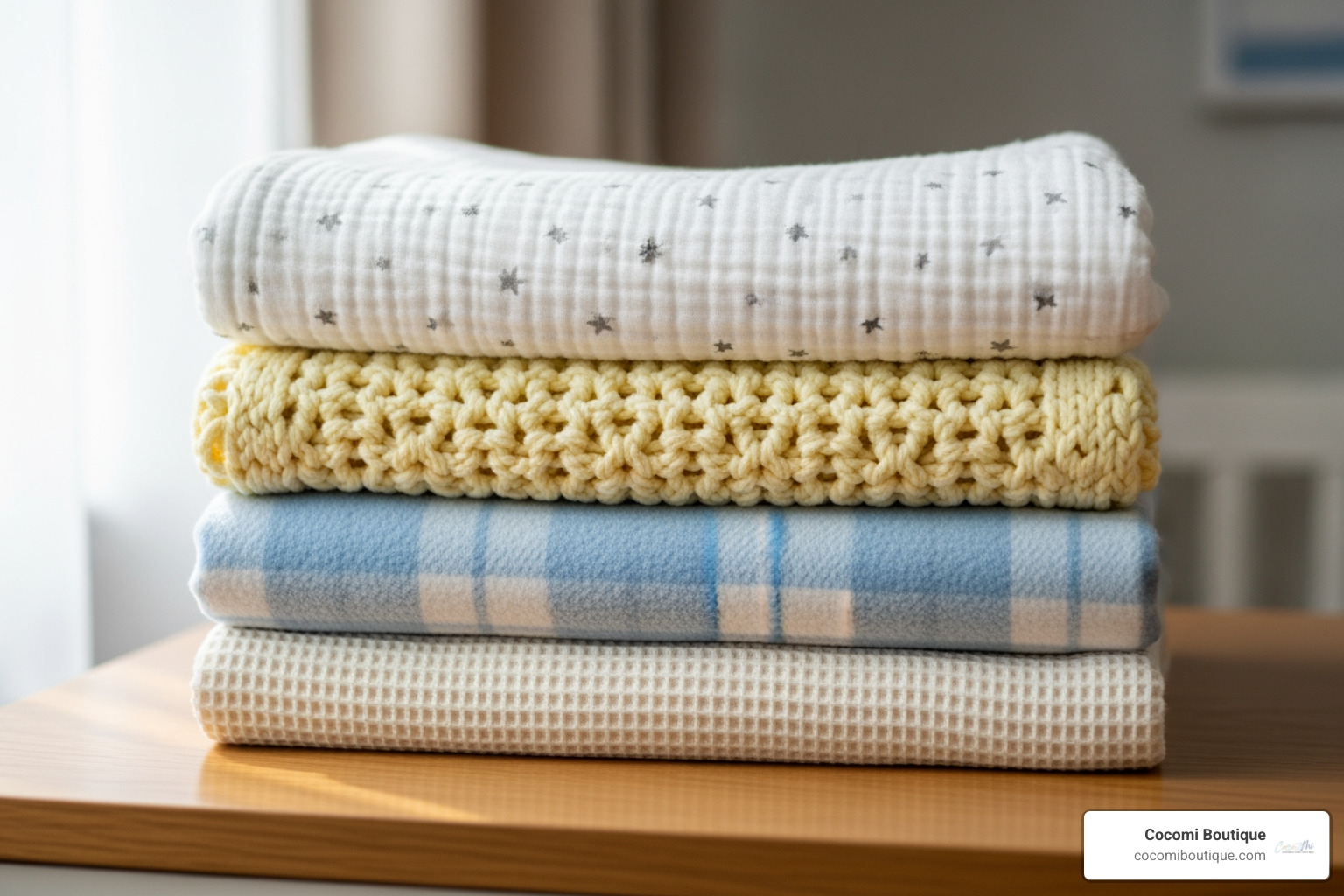 stack of different types of folded baby blankets (muslin, knit, flannel) - newborn blanket stack of different types of folded baby blankets (muslin, knit, flannel) - newborn blanket