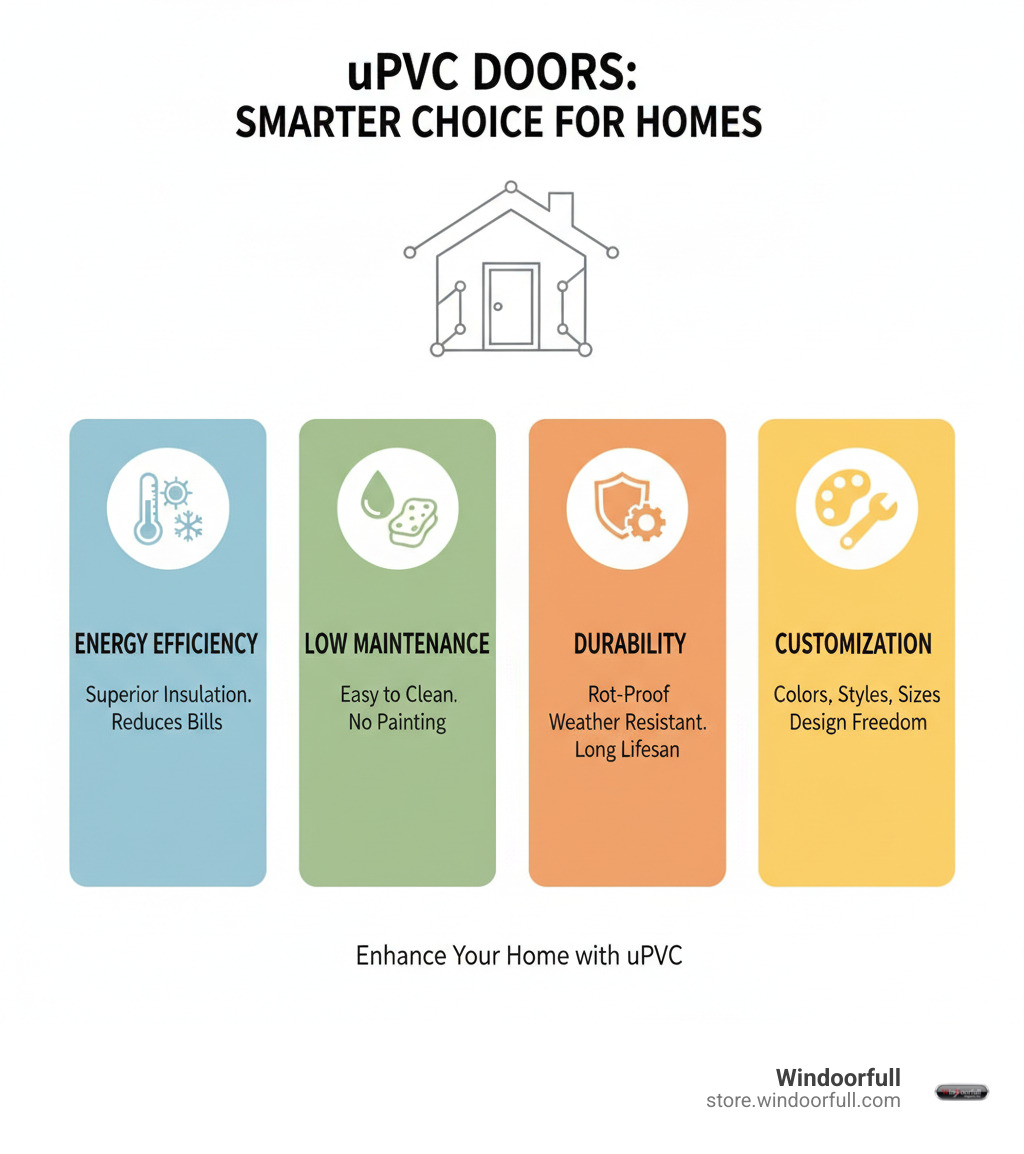 Infographic highlighting the advantages of uPVC for doors including energy efficiency, low maintenance, durability, and customization - upvc tilt and turn doors infographic Infographic highlighting the advantages of uPVC for doors including energy efficiency, low maintenance, durability, and customization - upvc tilt and turn doors infographic