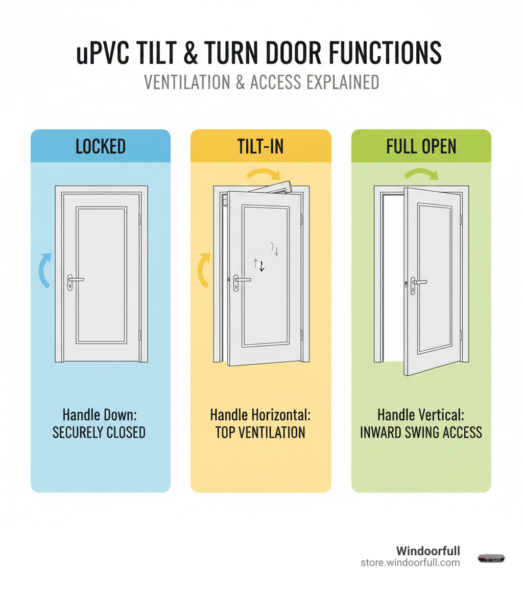Infographic showing the three handle positions of uPVC tilt and turn doors: handle pointing down for locked position, handle horizontal (90 degrees) for tilt-in ventilation from the top, and handle vertical (180 degrees) for full inward swing opening; includes arrows indicating handle rotation direction and illustrations of the door in each position - upvc tilt and turn doors infographic Infographic showing the three handle positions of uPVC tilt and turn doors: handle pointing down for locked position, handle horizontal (90 degrees) for tilt-in ventilation from the top, and handle vertical (180 degrees) for full inward swing opening; includes arrows indicating handle rotation direction and illustrations of the door in each position - upvc tilt and turn doors infographic
