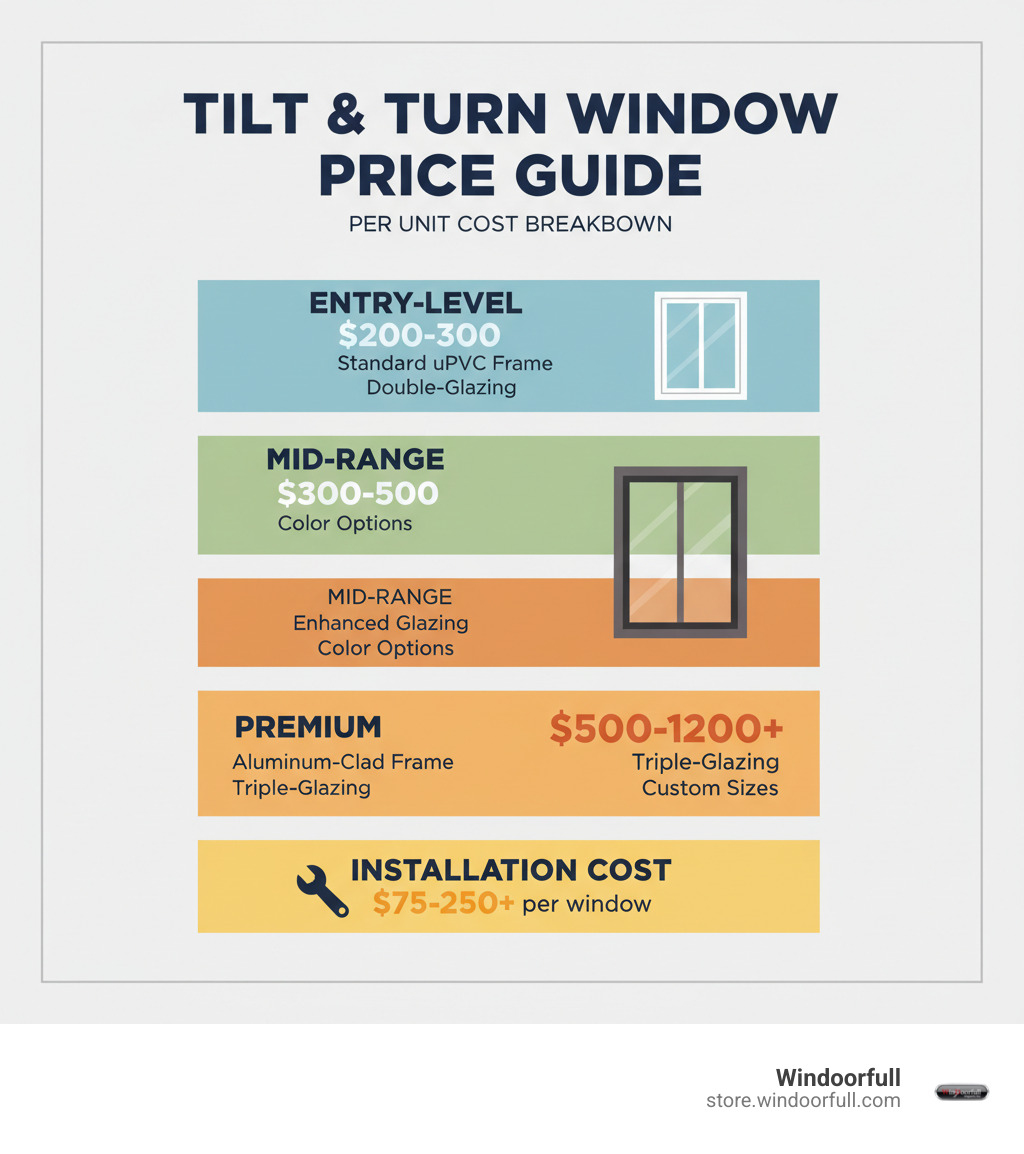 infographic showing tilt and turn window price breakdown by tier: entry-level features and costs ($200-300 per unit) with standard uPVC frame and double-glazing; mid-range features and costs ($300-500 per unit) with enhanced glazing and color options; premium features and costs ($500-1200+ per unit) with aluminum-clad frames, triple-glazing, and custom sizes; plus installation cost range of $75-250+ per window - tilt and turn windows price infographic infographic showing tilt and turn window price breakdown by tier: entry-level features and costs ($200-300 per unit) with standard uPVC frame and double-glazing; mid-range features and costs ($300-500 per unit) with enhanced glazing and color options; premium features and costs ($500-1200+ per unit) with aluminum-clad frames, triple-glazing, and custom sizes; plus installation cost range of $75-250+ per window - tilt and turn windows price infographic
