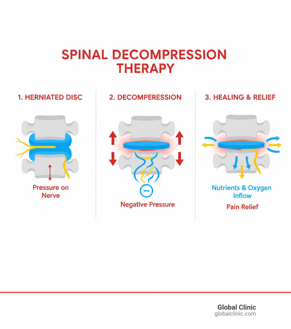 Infographic showing spinal anatomy with a herniated disc, then the decompression process creating negative pressure that retracts the bulging disc material back into place, allowing nutrients and oxygen to flow in for healing - spinal decompression therapy infographic Infographic showing spinal anatomy with a herniated disc, then the decompression process creating negative pressure that retracts the bulging disc material back into place, allowing nutrients and oxygen to flow in for healing - spinal decompression therapy infographic