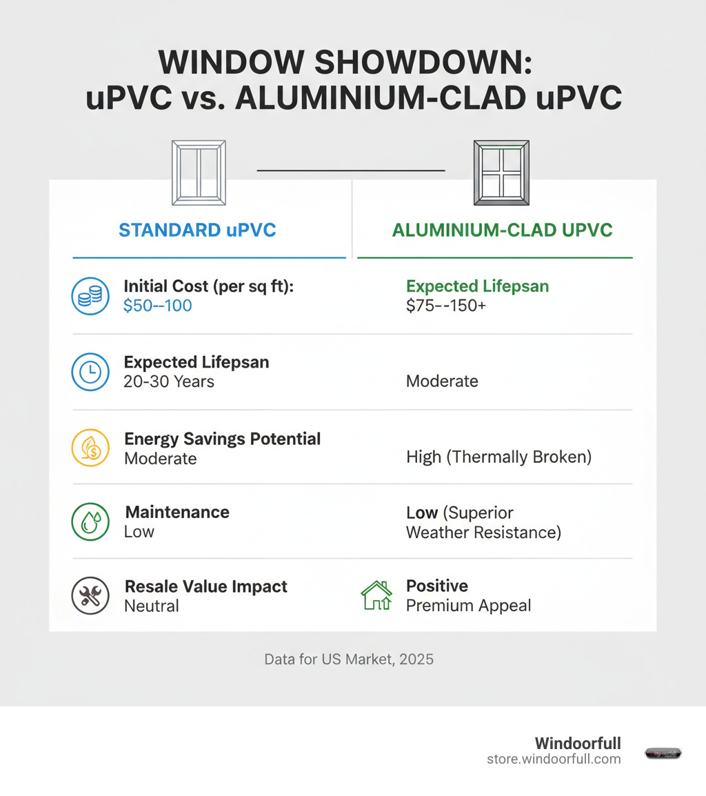 Infographic comparing standard uPVC windows versus aluminium-clad uPVC windows across five key metrics: initial cost per square foot (standard uPVC $50-100 vs aluminium-clad uPVC $75-150+), expected lifespan (standard uPVC 20-30 years vs aluminium-clad uPVC 40+ years), annual energy savings potential (standard uPVC moderate vs aluminium-clad uPVC high with thermally broken frames), maintenance requirements (both low, but aluminium-clad has superior weather resistance), and resale value impact (standard uPVC neutral vs aluminium-clad uPVC positive premium appeal) - aluminium upvc windows price infographic Infographic comparing standard uPVC windows versus aluminium-clad uPVC windows across five key metrics: initial cost per square foot (standard uPVC $50-100 vs aluminium-clad uPVC $75-150+), expected lifespan (standard uPVC 20-30 years vs aluminium-clad uPVC 40+ years), annual energy savings potential (standard uPVC moderate vs aluminium-clad uPVC high with thermally broken frames), maintenance requirements (both low, but aluminium-clad has superior weather resistance), and resale value impact (standard uPVC neutral vs aluminium-clad uPVC positive premium appeal) - aluminium upvc windows price infographic