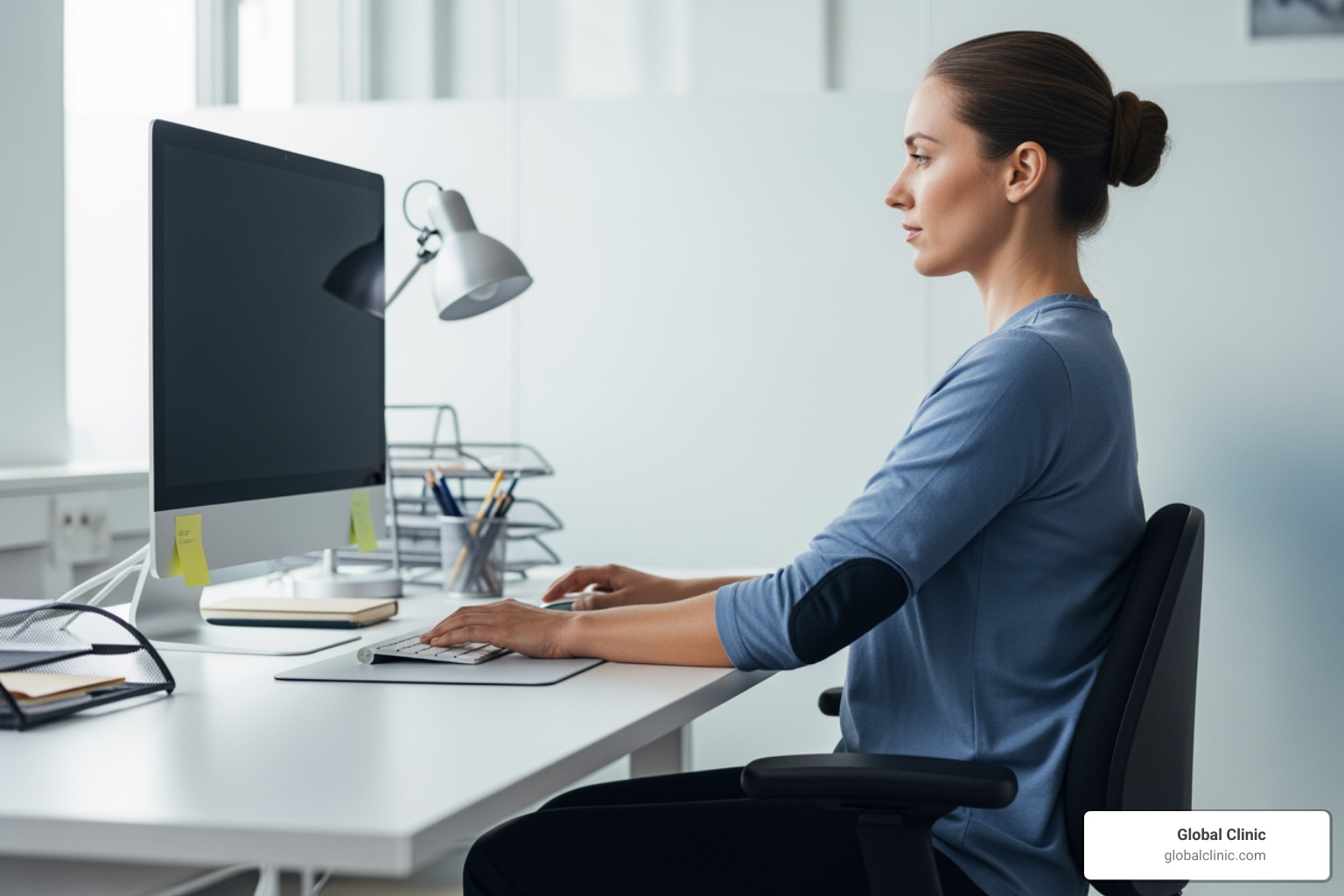 person maintaining good posture at ergonomic desk - therapy for back