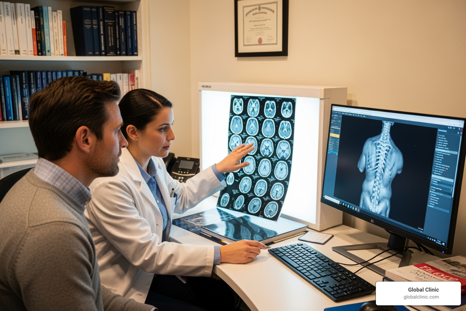 doctor and patient reviewing MRI scan - therapy for back