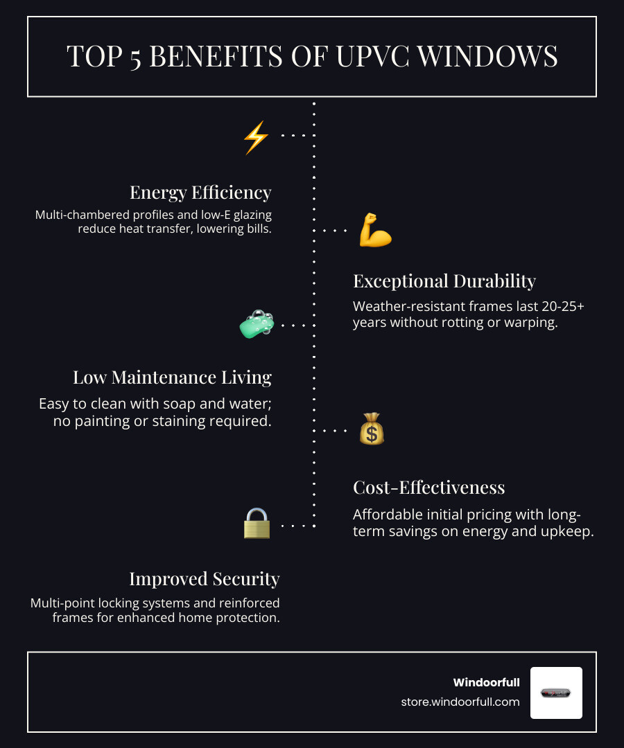 infographic showing the top 5 benefits of uPVC windows: 1. Energy Efficiency with multi-chambered profiles and low-E glazing reducing heat transfer and lowering bills, 2. Durability with weather-resistant frames lasting 20-25+ years without rotting or warping, 3. Low Maintenance requiring only soap and water cleaning with no painting needed, 4. Cost-Effectiveness with affordable pricing and long-term savings on energy and upkeep, 5. Security featuring multi-point locks and reinforced frames for enhanced protection - uPVC Windows infographic infographic-line-5-steps-dark infographic showing the top 5 benefits of uPVC windows: 1. Energy Efficiency with multi-chambered profiles and low-E glazing reducing heat transfer and lowering bills, 2. Durability with weather-resistant frames lasting 20-25+ years without rotting or warping, 3. Low Maintenance requiring only soap and water cleaning with no painting needed, 4. Cost-Effectiveness with affordable pricing and long-term savings on energy and upkeep, 5. Security featuring multi-point locks and reinforced frames for enhanced protection - uPVC Windows infographic infographic-line-5-steps-dark