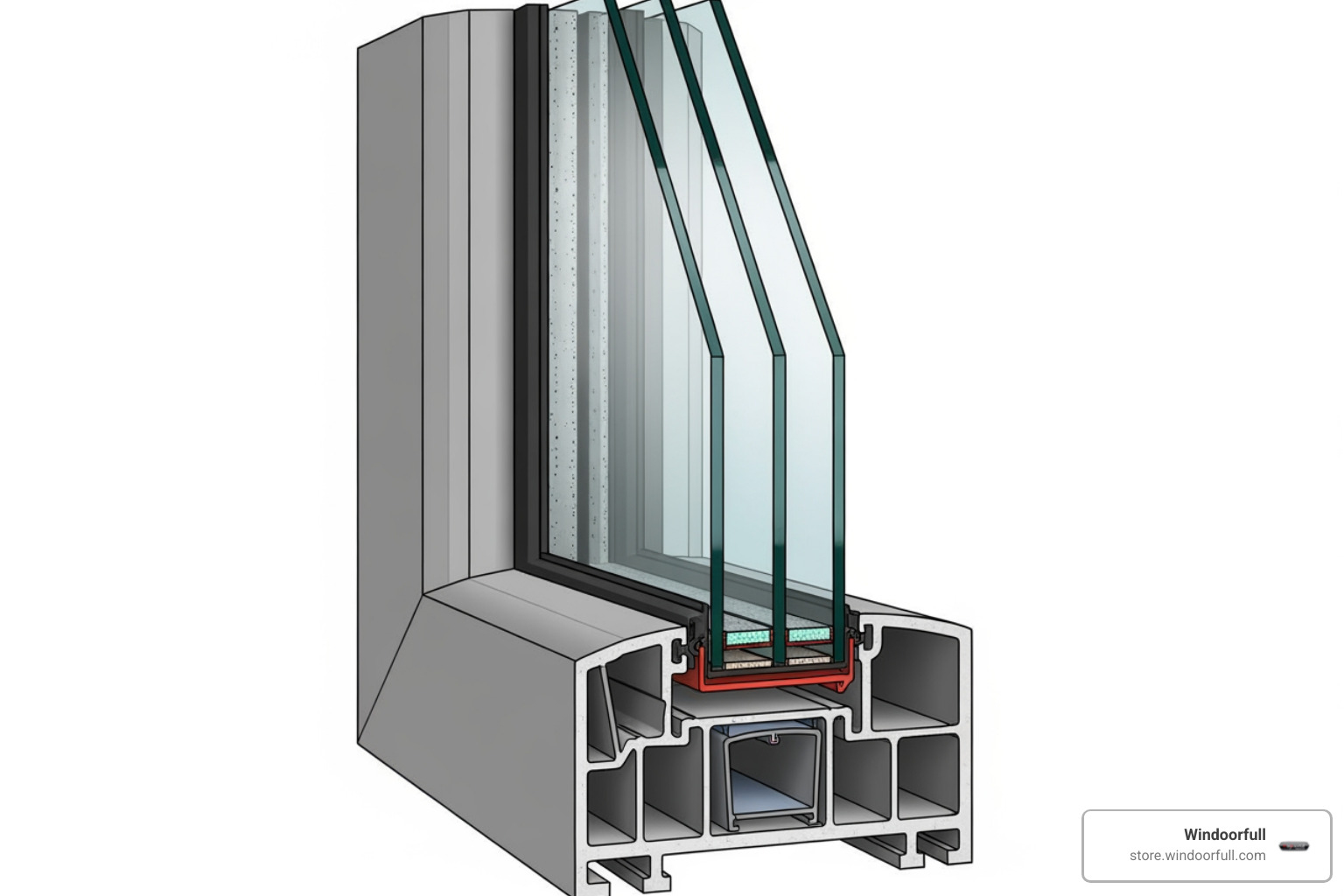 cross-section of a multi-chambered uPVC window frame with triple glazing and seals - uPVC Windows cross-section of a multi-chambered uPVC window frame with triple glazing and seals - uPVC Windows