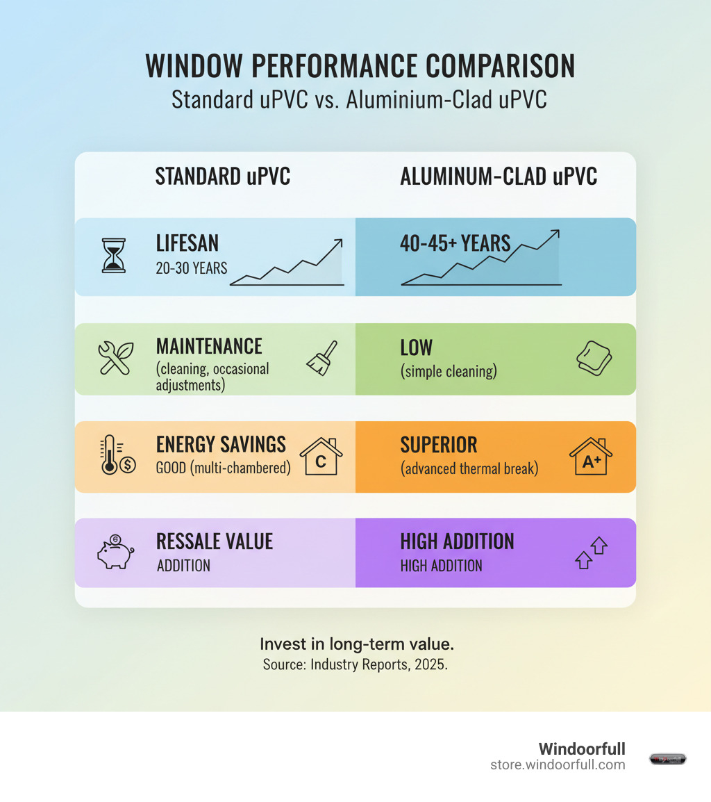 table comparing standard uPVC vs. aluminium-clad uPVC on Lifespan, Maintenance, Energy Savings, and Resale Value - aluminium upvc windows price infographic table comparing standard uPVC vs. aluminium-clad uPVC on Lifespan, Maintenance, Energy Savings, and Resale Value - aluminium upvc windows price infographic
