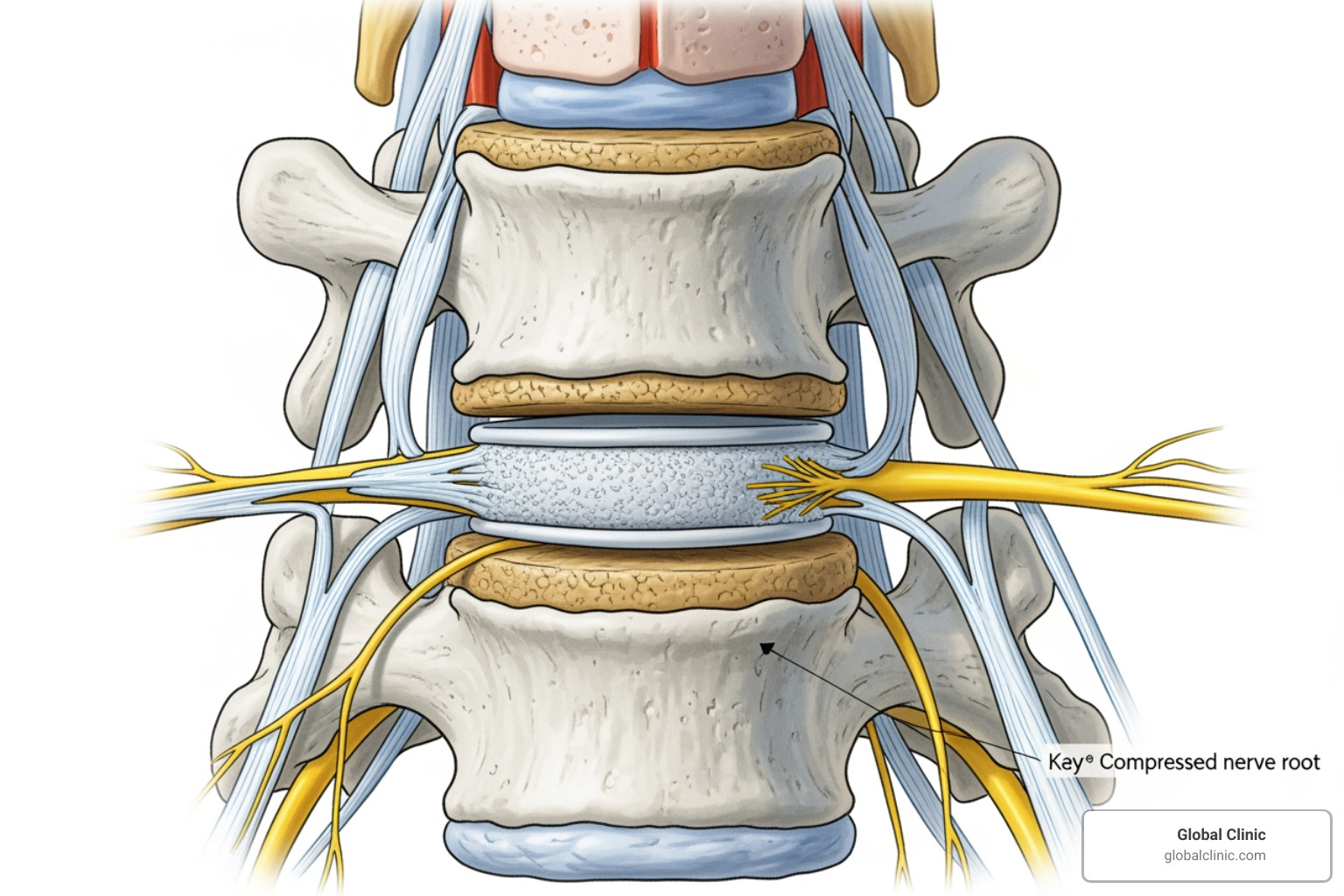 Image of a diagram showing a herniated disc pressing on a nerve root - spinal decompression therapy Image of a diagram showing a herniated disc pressing on a nerve root - spinal decompression therapy